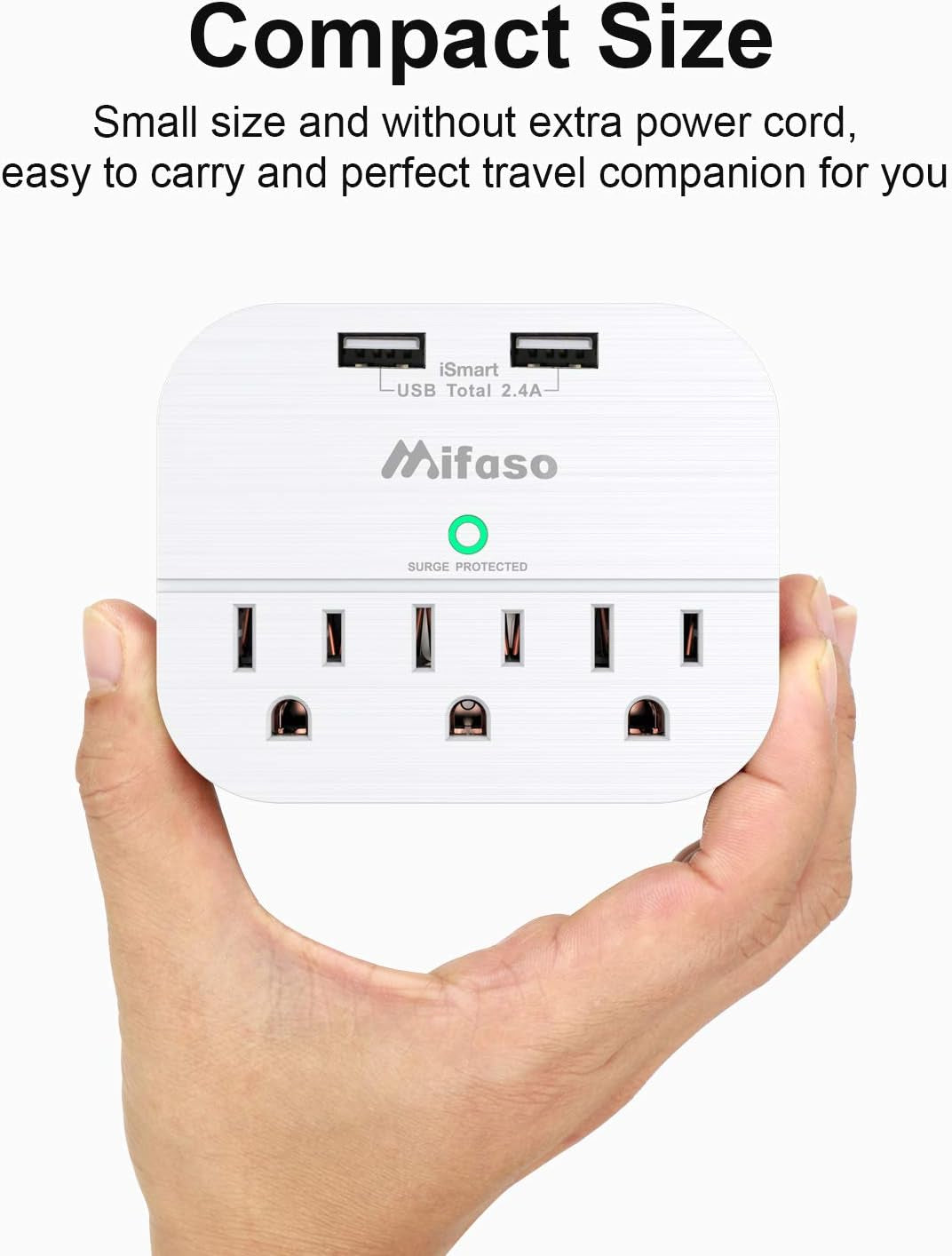 3-Outlet Surge Protector with Dual USB Wall Charger (Smart 2.4A) - Multi-Plug Outlet Extender for Home, Office, and Travel - 490 Joules, White