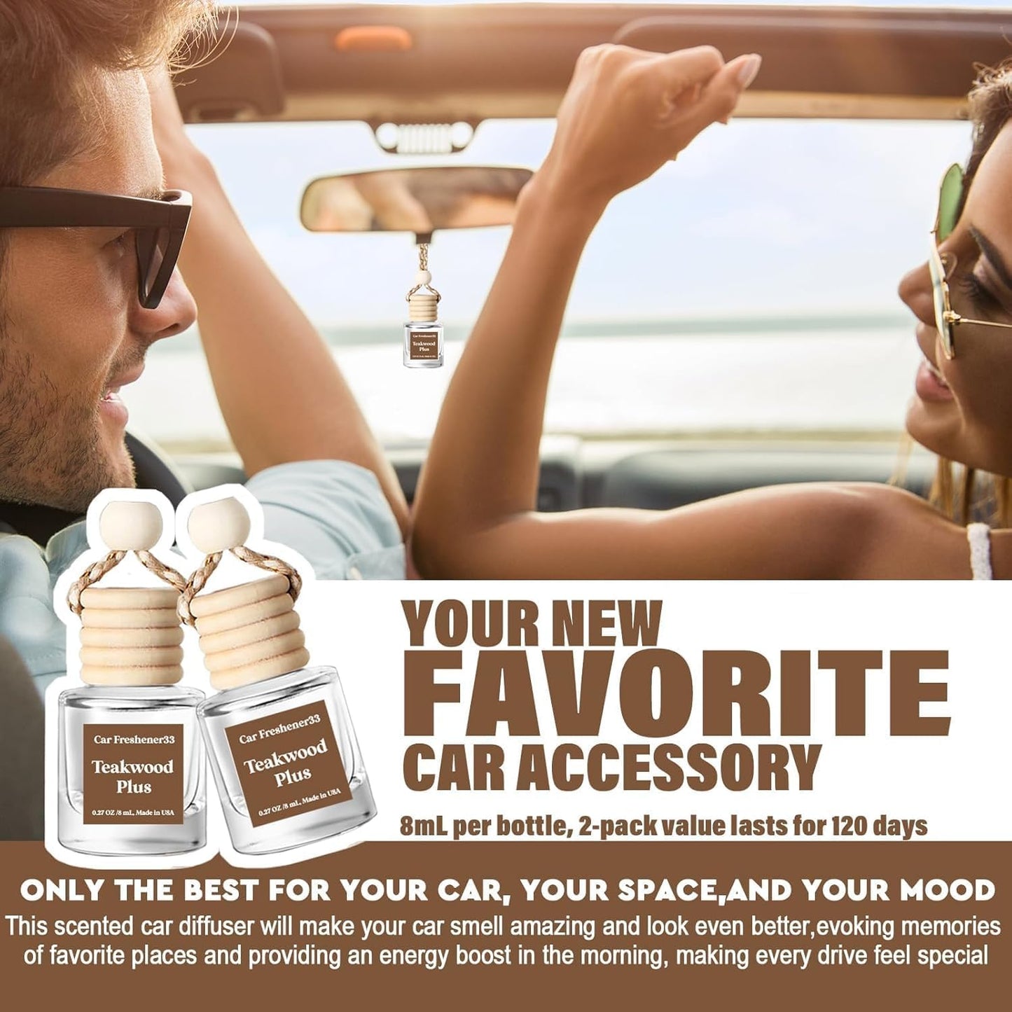Long-Lasting Mahogany Teakwood Car Air Freshener - 2 Pack Essential Oil Diffuser, Cute Car Accessories Made in USA, Perfect for Women!