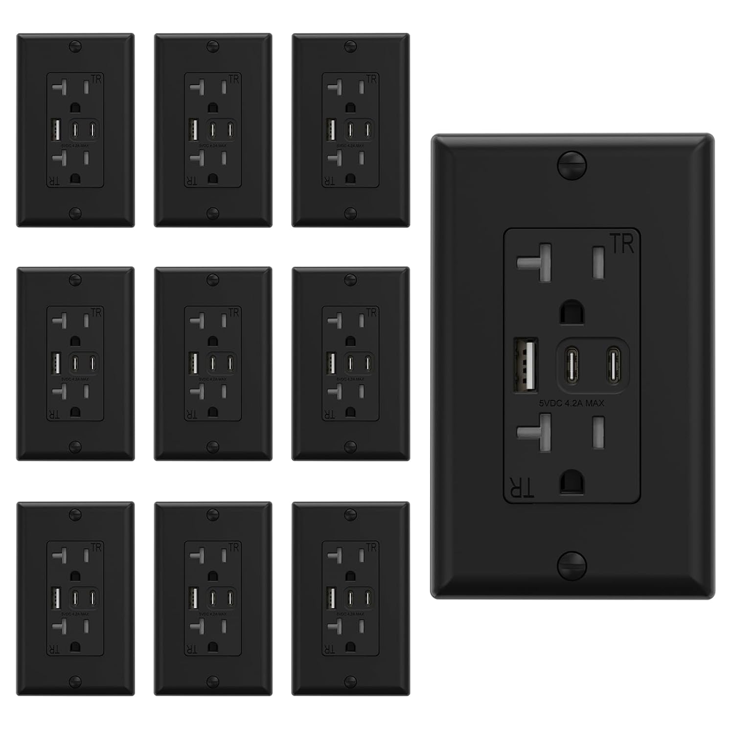 15 Amp Wall Outlet with 3 USB Ports, Dual USB-C Ports, Tamper-Resistant Design, Includes Wall Plate, UL/CUL Listed, Black, 1 Pack