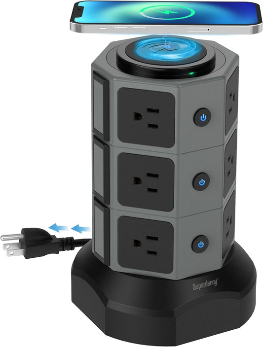 Surge Protector Power Strip Tower with 15W Magnetic Wireless Charger, 1050J, 13A Charging Station featuring 12 AC Outlets and 6 USB Ports, 6.5Ft Extension Cord for Home and Office Use, Grey