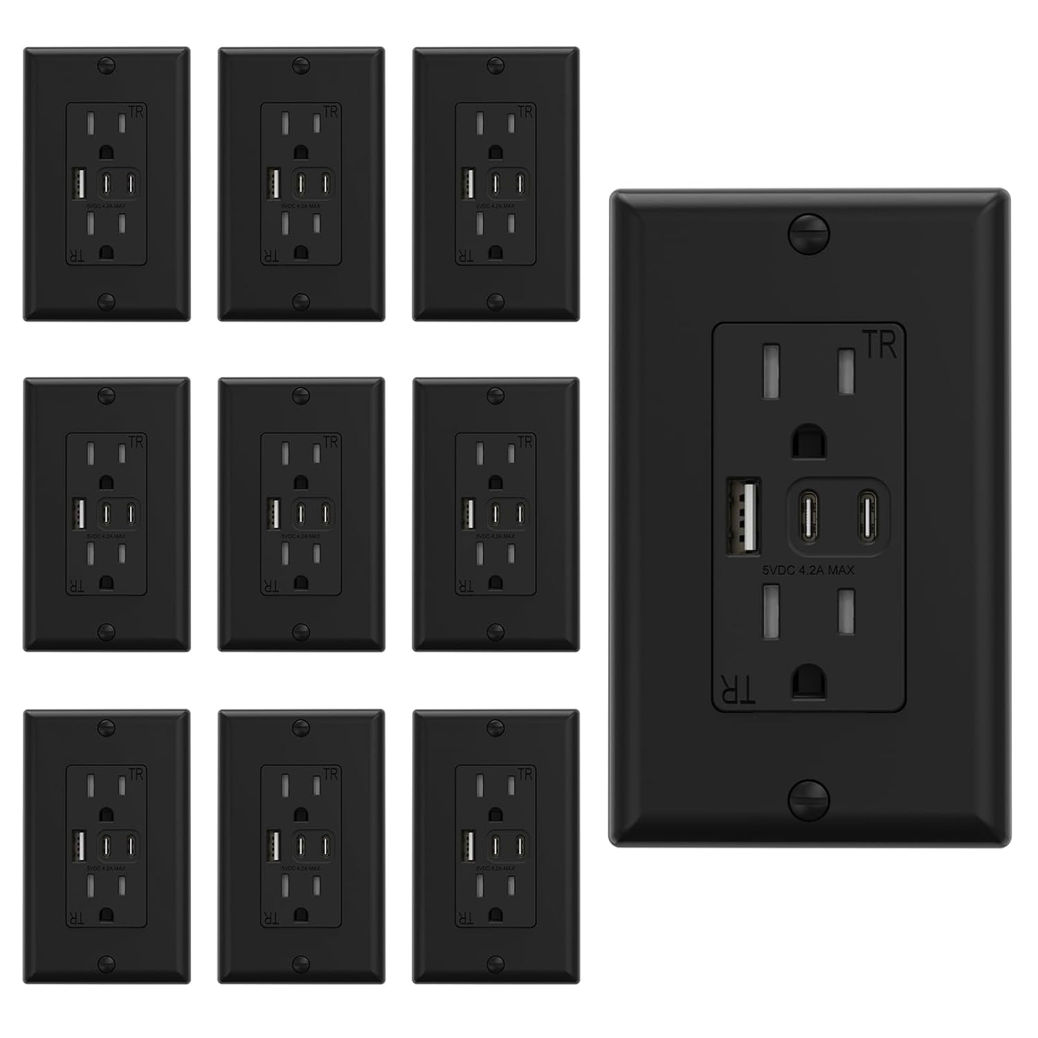 15 Amp Wall Outlet with 3 USB Ports, Dual USB-C Ports, Tamper-Resistant Design, Includes Wall Plate, UL/CUL Listed, Black, 1 Pack