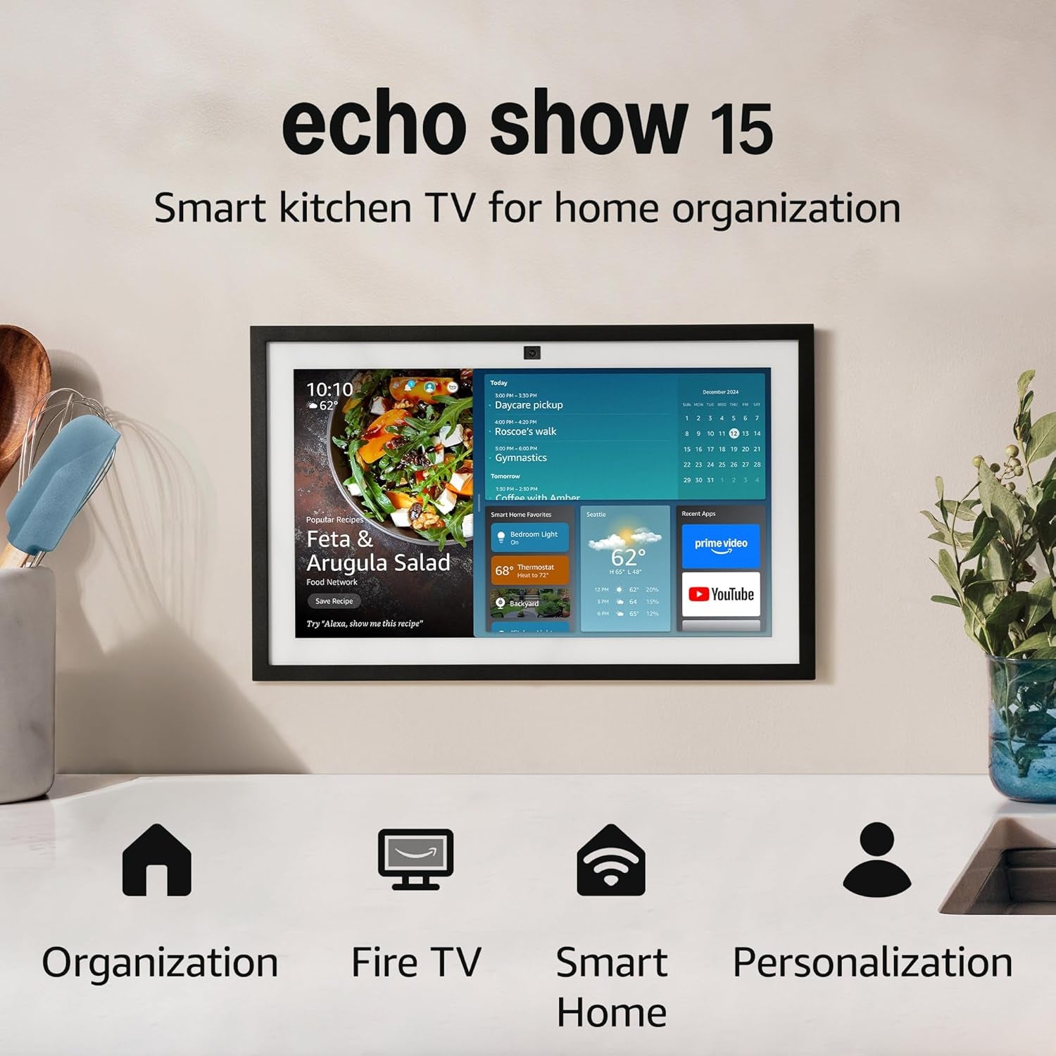 Echo Show 15 (Latest Model), Full HD 15.6" Kitchen Hub for Home Management, Featuring Integrated Fire TV and Alexa