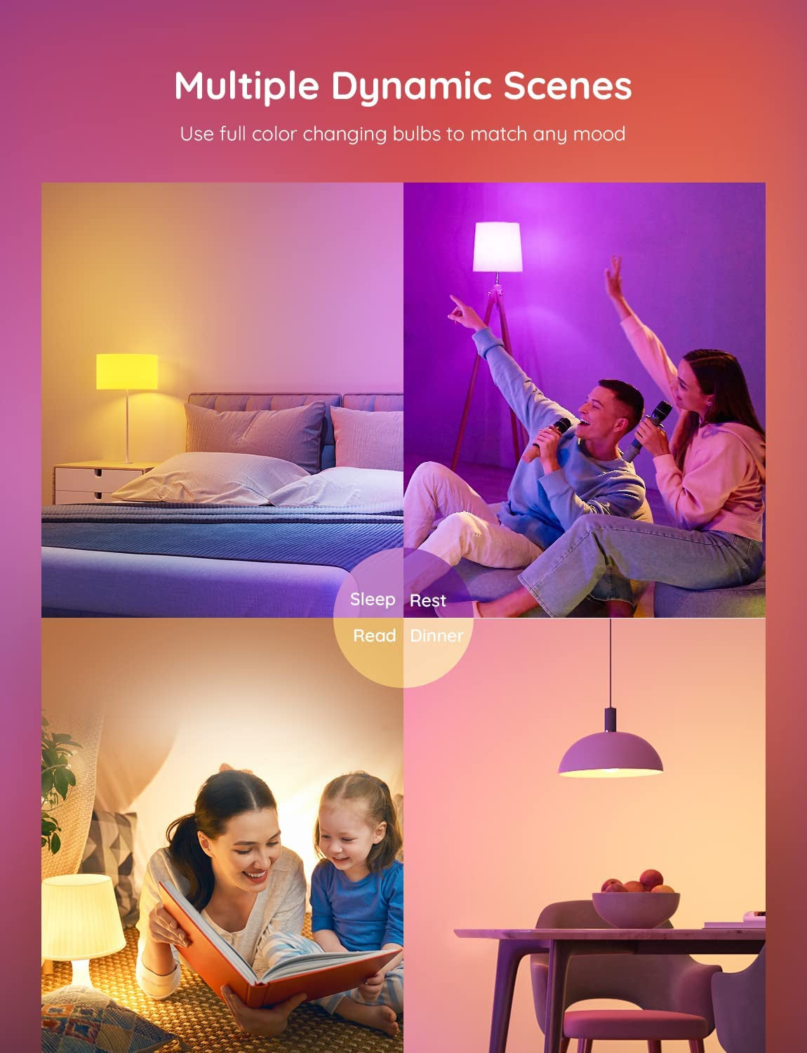 Smart Color Changing LED Light Bulbs, Compatible with Alexa and Google Assistant, 16 Million RGBWW Colors, WiFi & Bluetooth Enabled, Music Sync, A19, 800 Lumens, Pack of 4