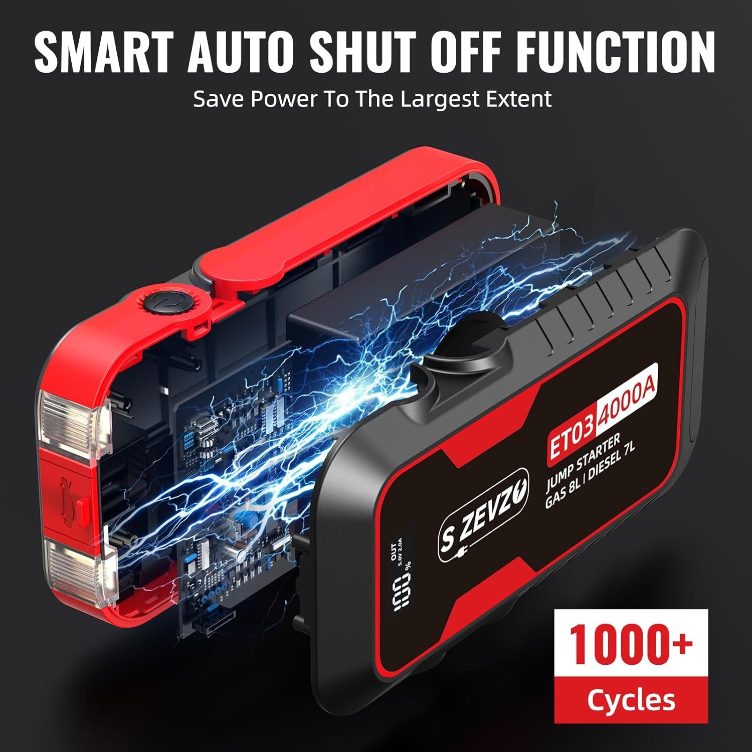 Powerful ET03 Car Jump Starter - 4000A Battery Pack for 8.0L Gas & 7.0L Diesel Engines, 74Wh Portable 12V Jump Box with USB Ports, LCD Display, LED Light & Storage Case