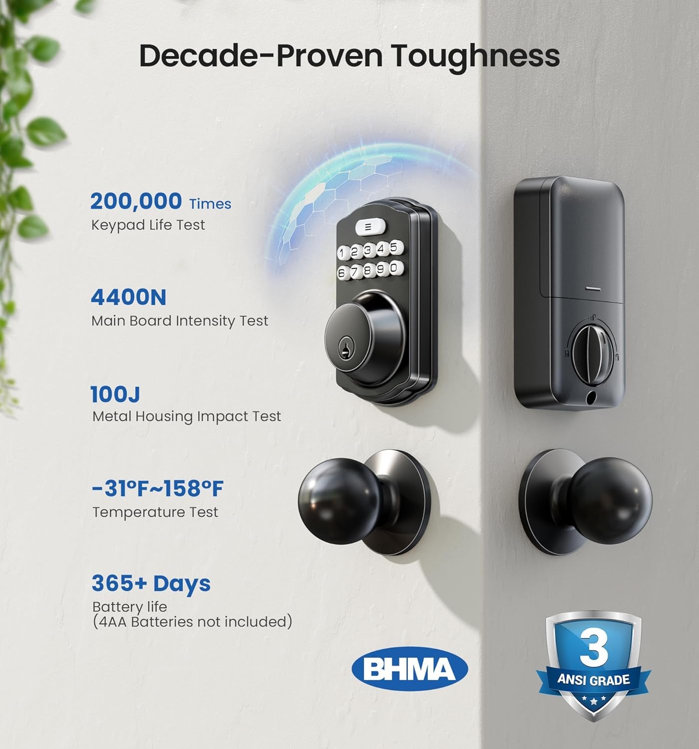 Smart Keyless Entry Door Lock Set - Electronic Backlit Keypad Deadbolt with 2 Knobs, Auto Lock, One-Time Codes & Easy Installation in Matte Black
