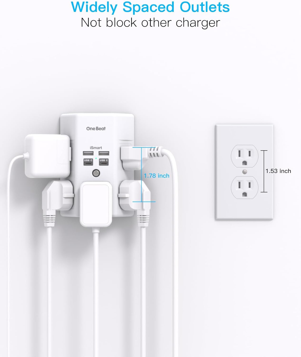 1680J 3-Sided Power Strip with Surge Protection, 5 Outlet Expander, 4 USB Ports (USB-C), Wall Mount Charger, Outlet Splitter Adapter for Home, Travel, and Office, ETL Listed, White