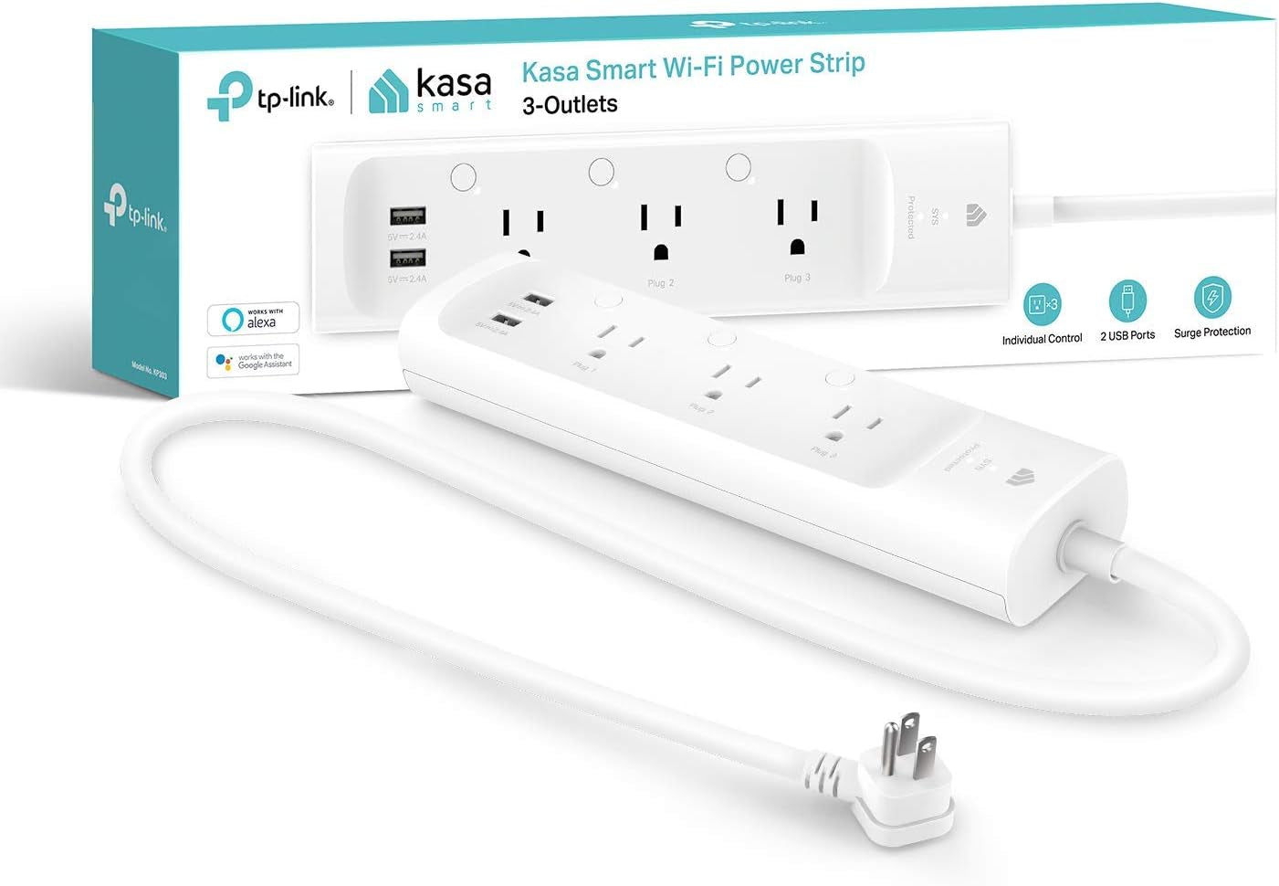 Plug Power Strip KP303 - Surge Protector with 3 Smart Outlets and 2 USB Ports, Compatible with Alexa and Google Home, No Hub Required, White
