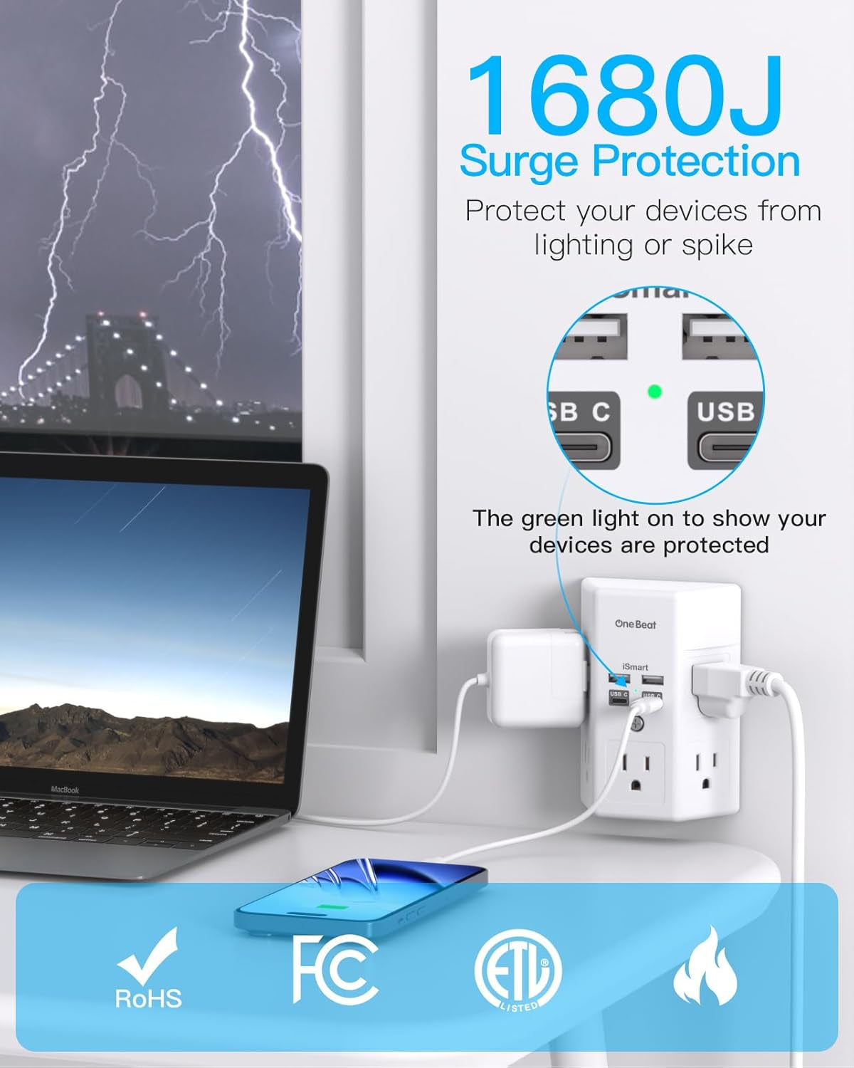 1680J 3-Sided Power Strip with Surge Protection, 5 Outlet Expander, 4 USB Ports (USB-C), Wall Mount Charger, Outlet Splitter Adapter for Home, Travel, and Office, ETL Listed, White