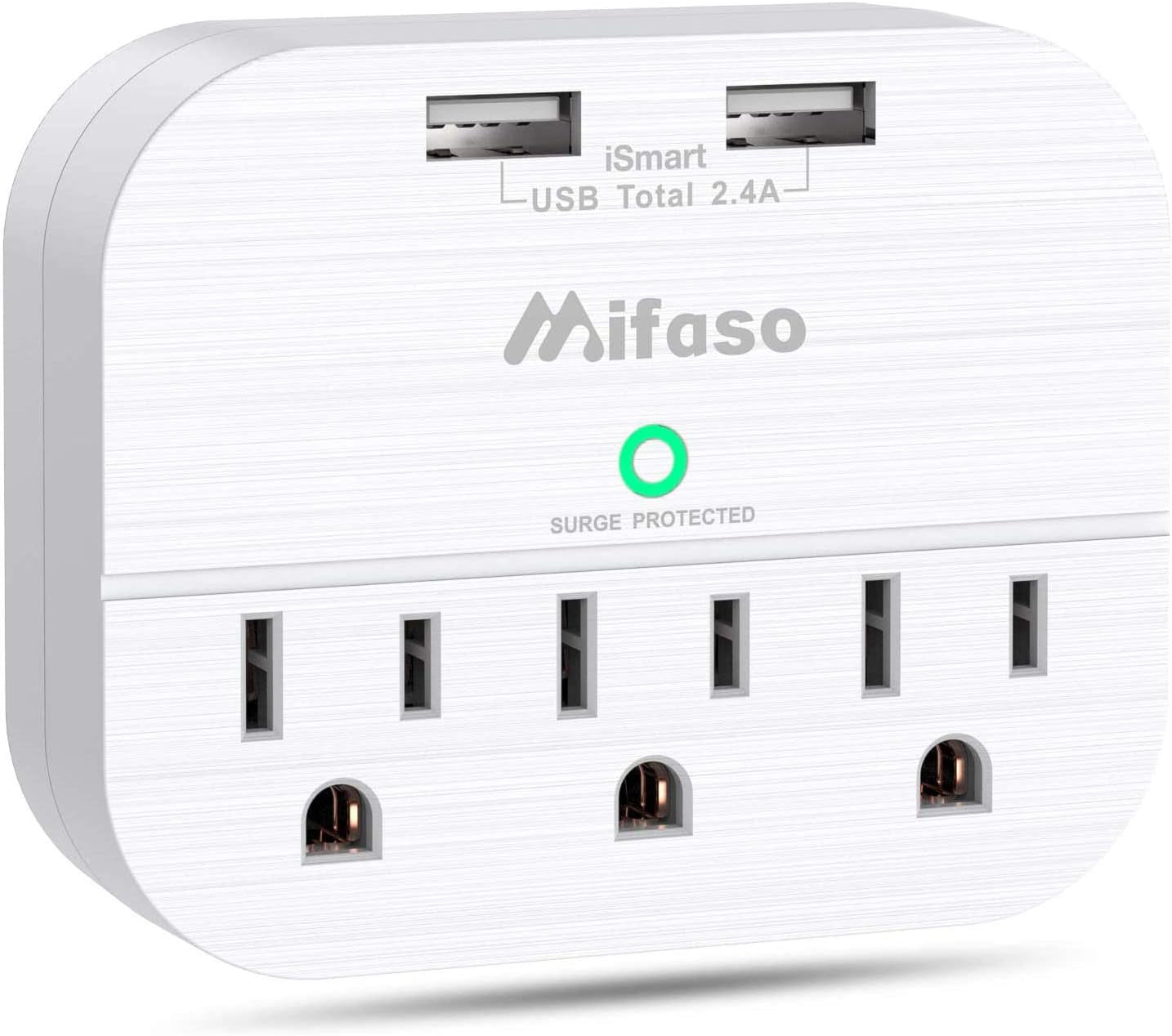 3-Outlet Surge Protector with Dual USB Wall Charger (Smart 2.4A) - Multi-Plug Outlet Extender for Home, Office, and Travel - 490 Joules, White