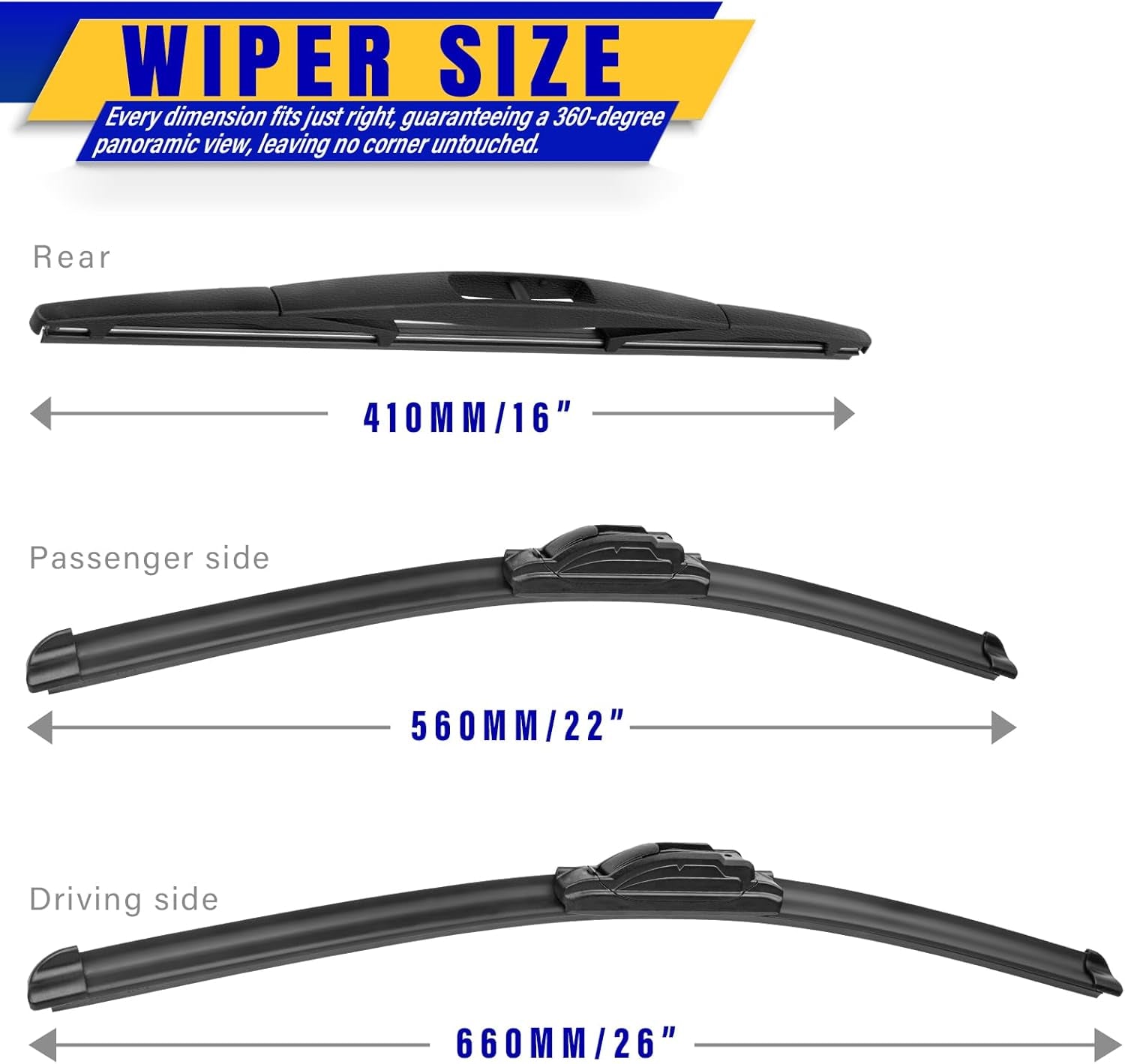 Premium Wiper Blade Replacement Set for 2005-2022 Honda Odyssey - 3 Original Equipment Blades (26"/22"/16") with U/J Hook