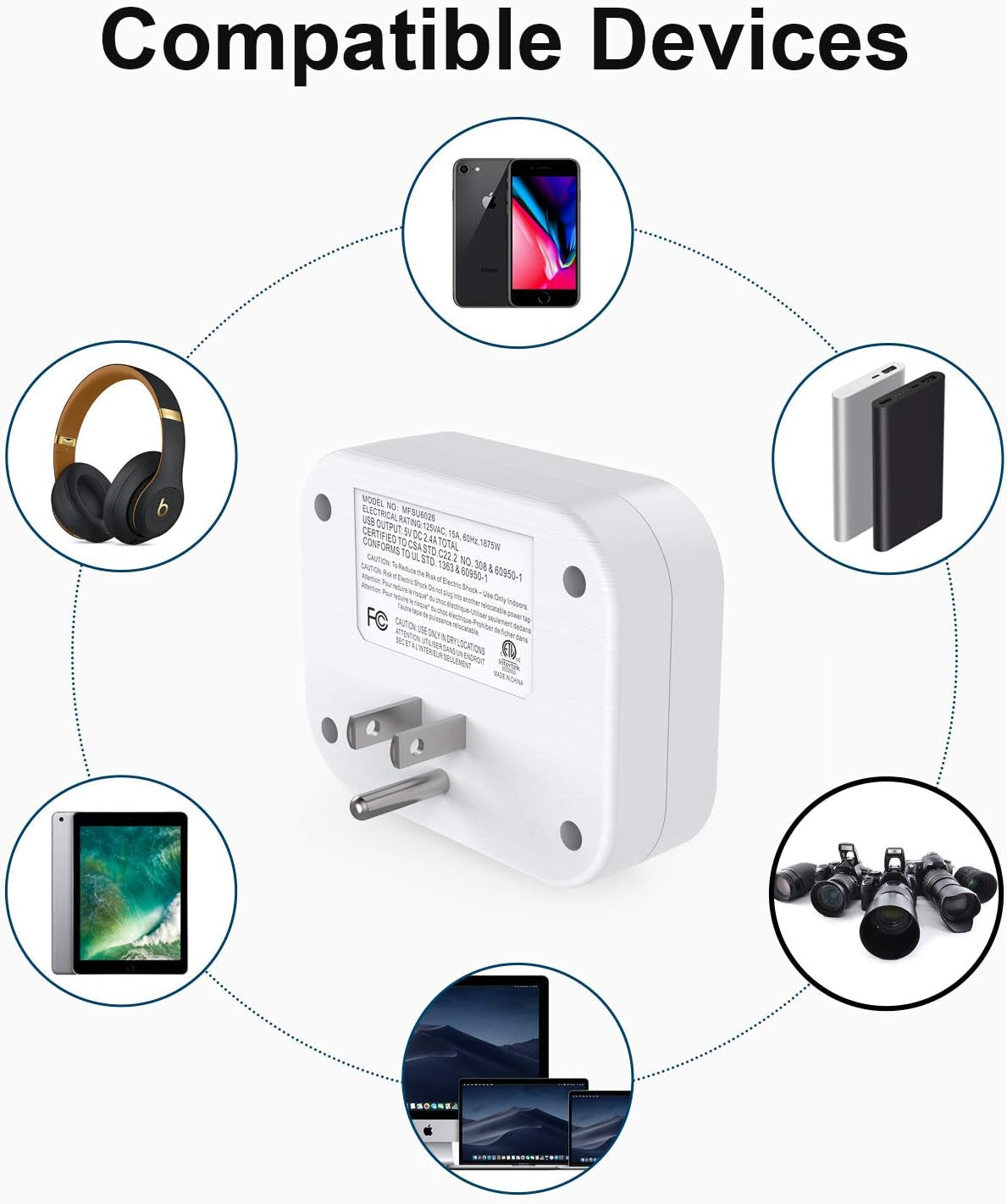 3-Outlet Surge Protector with Dual USB Wall Charger (Smart 2.4A) - Multi-Plug Outlet Extender for Home, Office, and Travel - 490 Joules, White