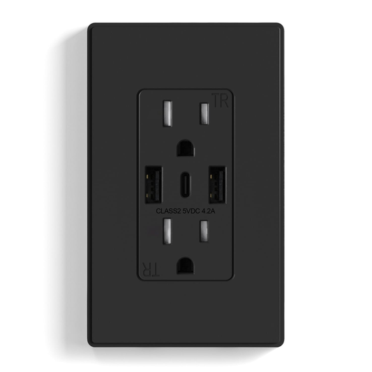 3-Port USB-C Wall Outlet Receptacle, Matte Black, 15 Amp, TR Tamper-Resistant, Screwless Wall Plate Included, UL & CUL Listed, Single Pack