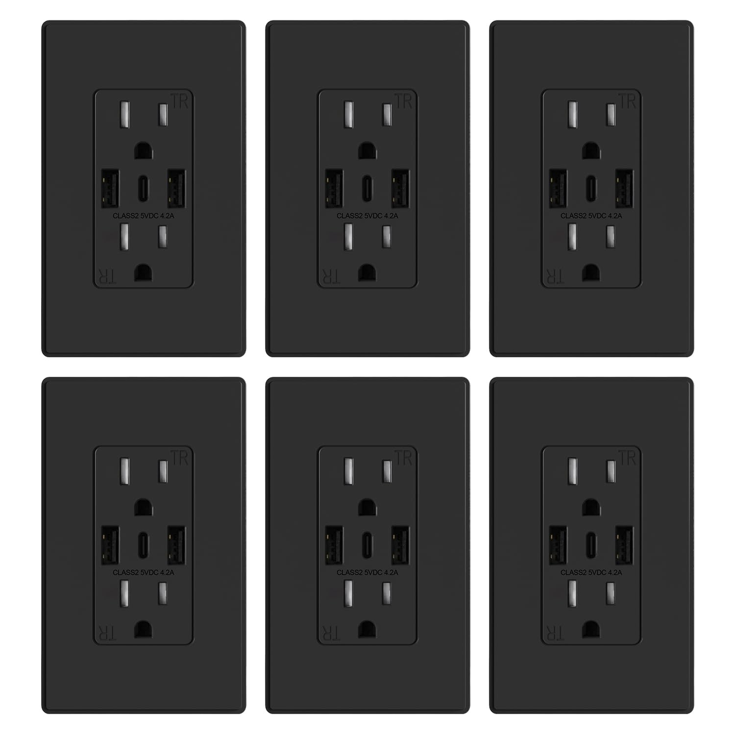 3-Port USB-C Wall Outlet Receptacle, Matte Black, 15 Amp, TR Tamper-Resistant, Screwless Wall Plate Included, UL & CUL Listed, Single Pack