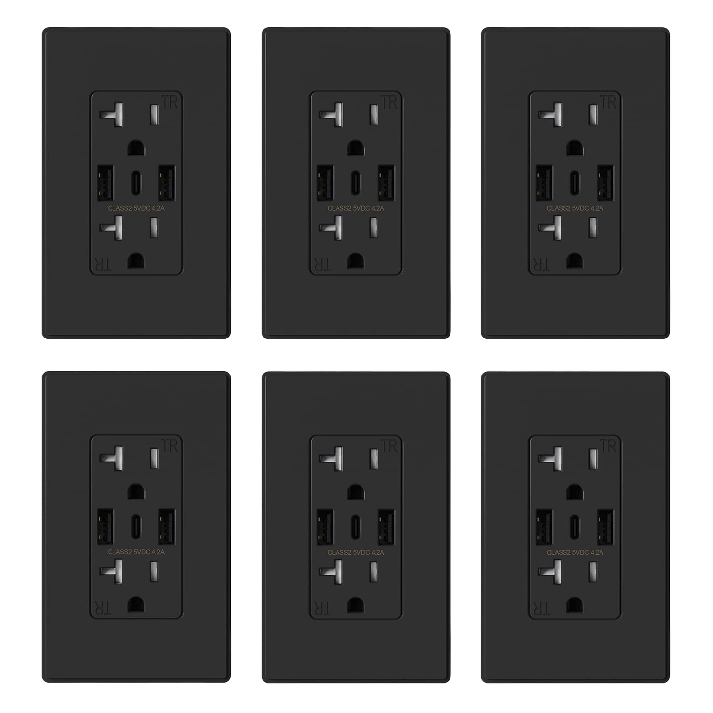 3-Port USB-C Wall Outlet Receptacle, Matte Black, 15 Amp, TR Tamper-Resistant, Screwless Wall Plate Included, UL & CUL Listed, Single Pack