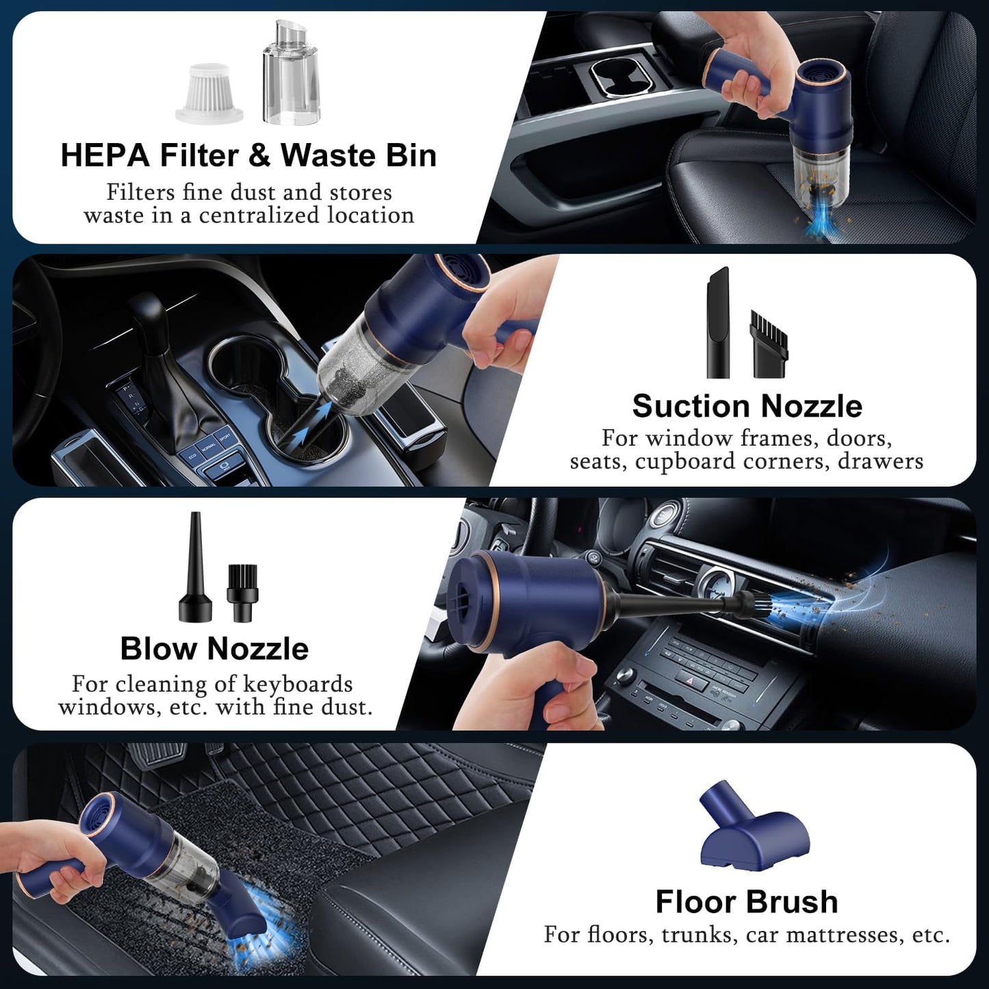 High-Power Handheld Car Vacuum Cleaner - 9000Pa Suction, LED Light & Multi-Nozzles for Home, Office & Pet Cleanup