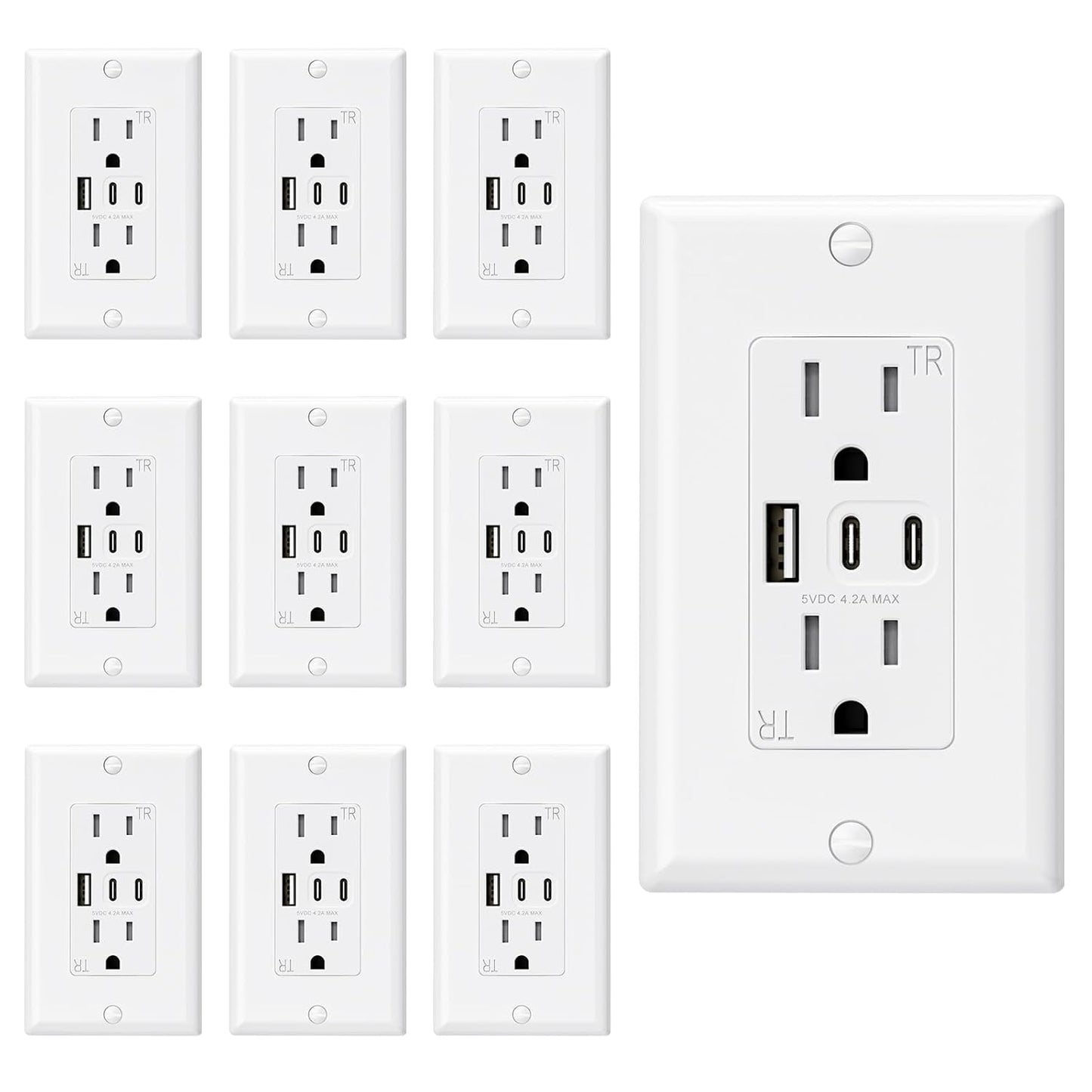 15 Amp Wall Outlet with 3 USB Ports, Dual USB-C Ports, Tamper-Resistant Design, Includes Wall Plate, UL/CUL Listed, Black, 1 Pack