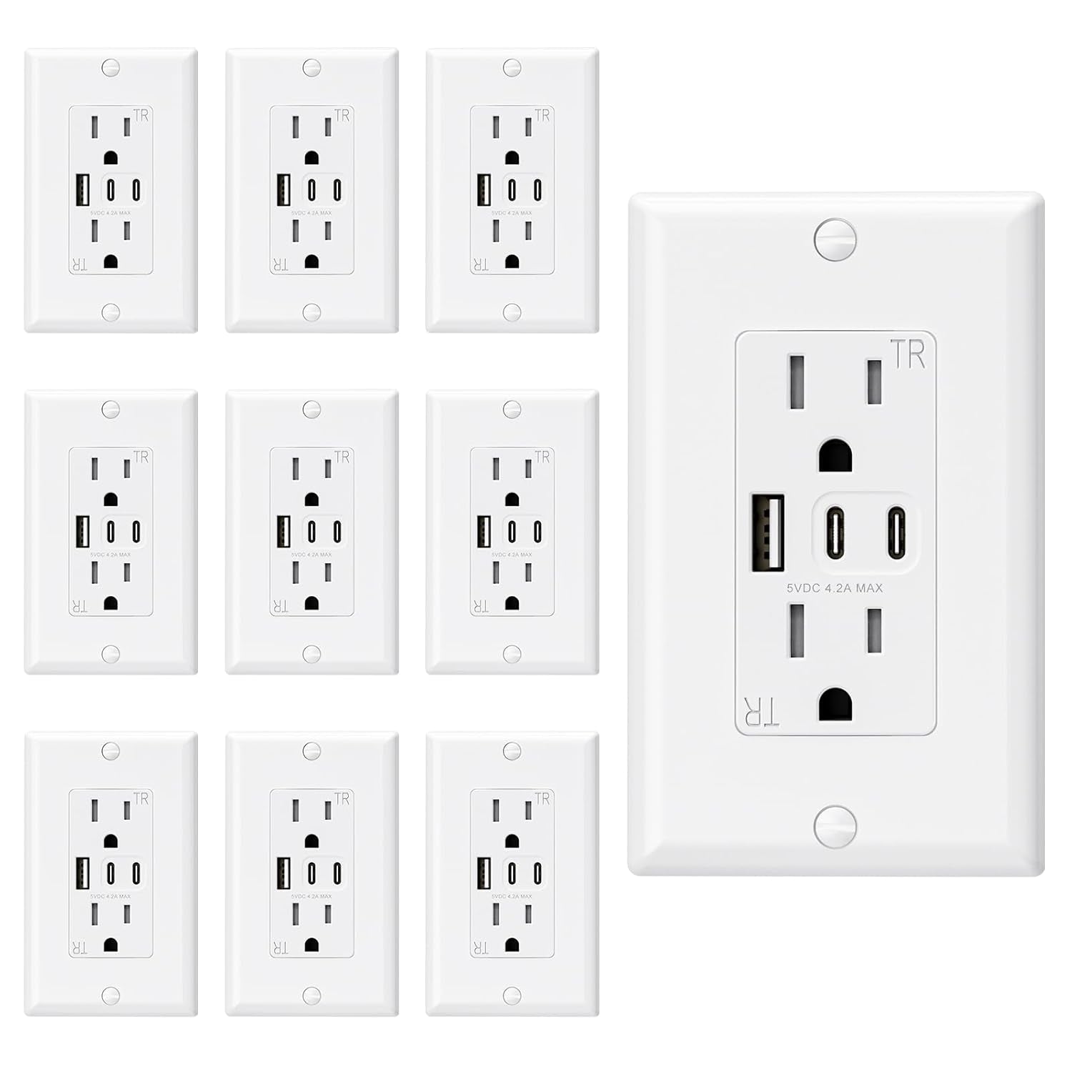 15 Amp Wall Outlet with 3 USB Ports, Dual USB-C Ports, Tamper-Resistant Design, Includes Wall Plate, UL/CUL Listed, Black, 1 Pack