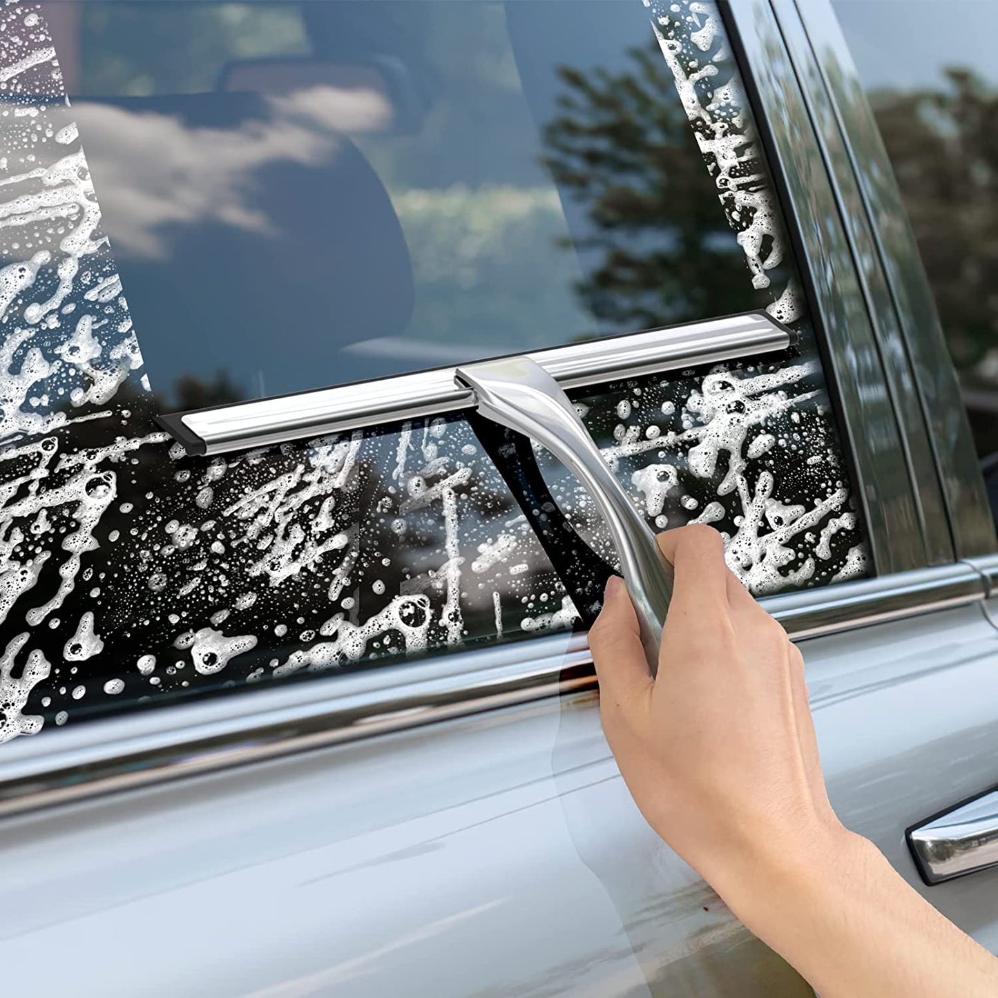 Premium Stainless Steel Shower Squeegee with Adhesive Hooks - 10 Inch Multi-Surface Cleaner for Glass Doors, Tiles, and Mirrors - Effortless Bathroom and Car Cleaning Tool