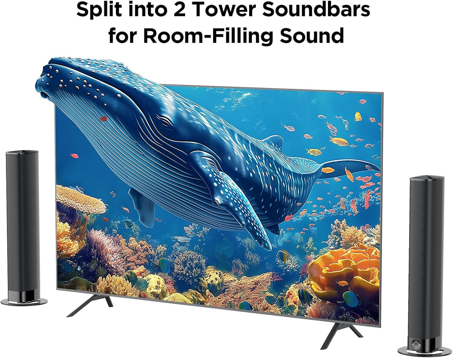 Premium Sound Bar for Smart TVs - Bluetooth, ARC, Optical, and AUX Connectivity, Auto Volume Boost, 3 Equalizer Modes, 2-in-1 Detachable Design for TVs, PCs, Gaming, and Projectors