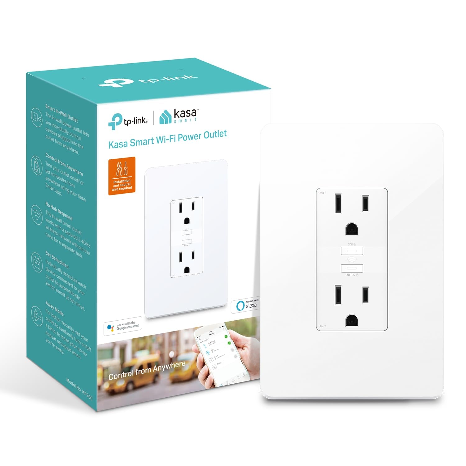 In-Wall Smart Wi-Fi Outlet KP200, Compatible with Alexa, Google Home & IFTTT, Hub-Free Remote Control, ETL Certified, White, Single Pack