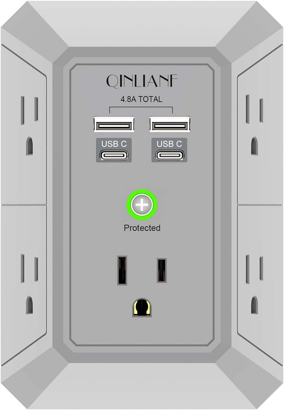 5-Outlet Wall Charger and Surge Protector with 4 USB Charging Ports (4.8A Total) - 3-Sided Power Strip Multi-Plug Adapter for Home, Travel, and Office (Model 3U1C)