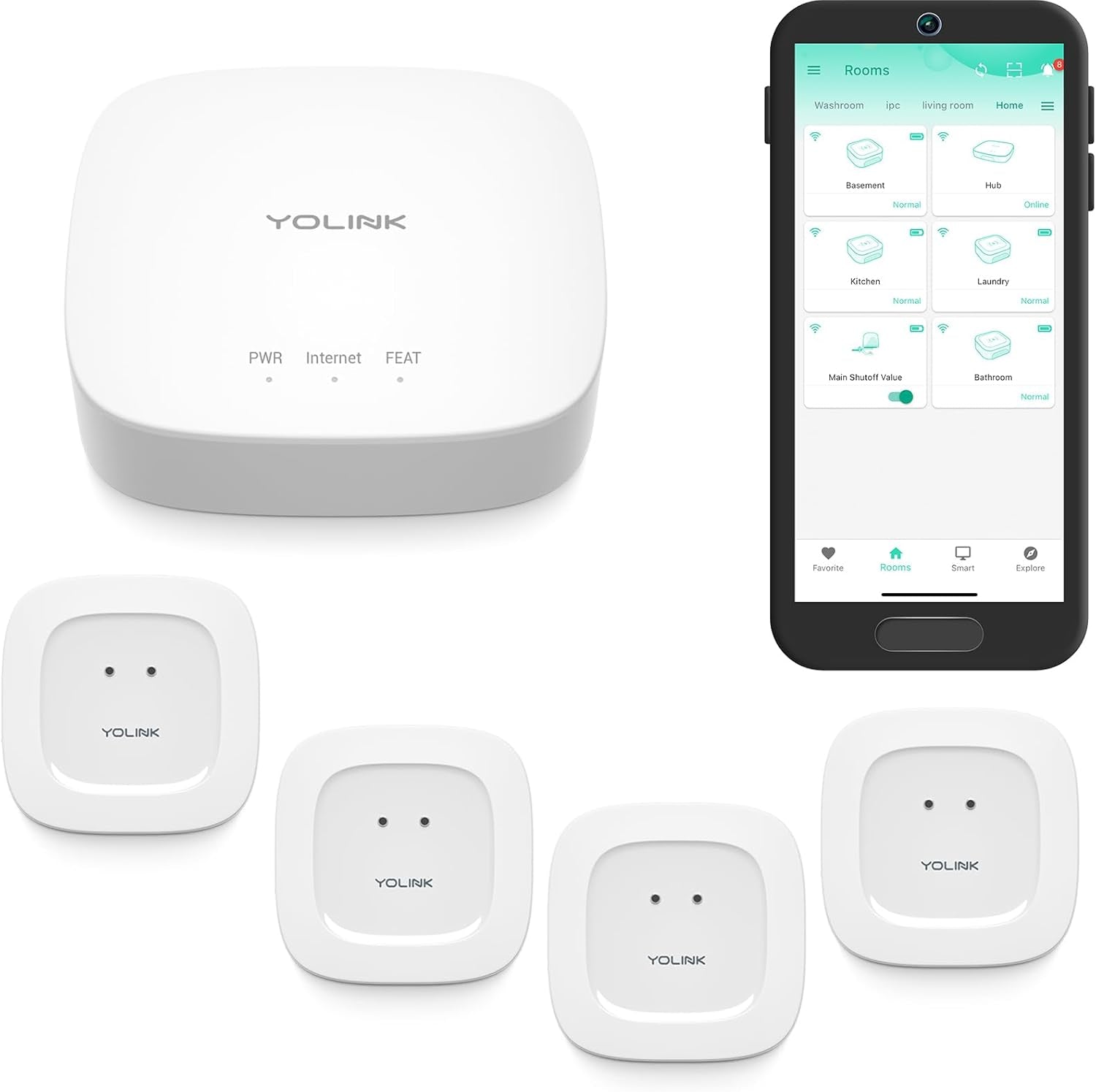 Water Leak Detection Starter Kit: Hub with 4 Leak Sensors, 105 dB Siren, Long-Range Lora Technology, App/SMS/Email Alerts, D2D Offline Capability, 2 AAA Batteries for Up to 5 Years, Compatible with Alexa, IFTTT, and Home Assistant