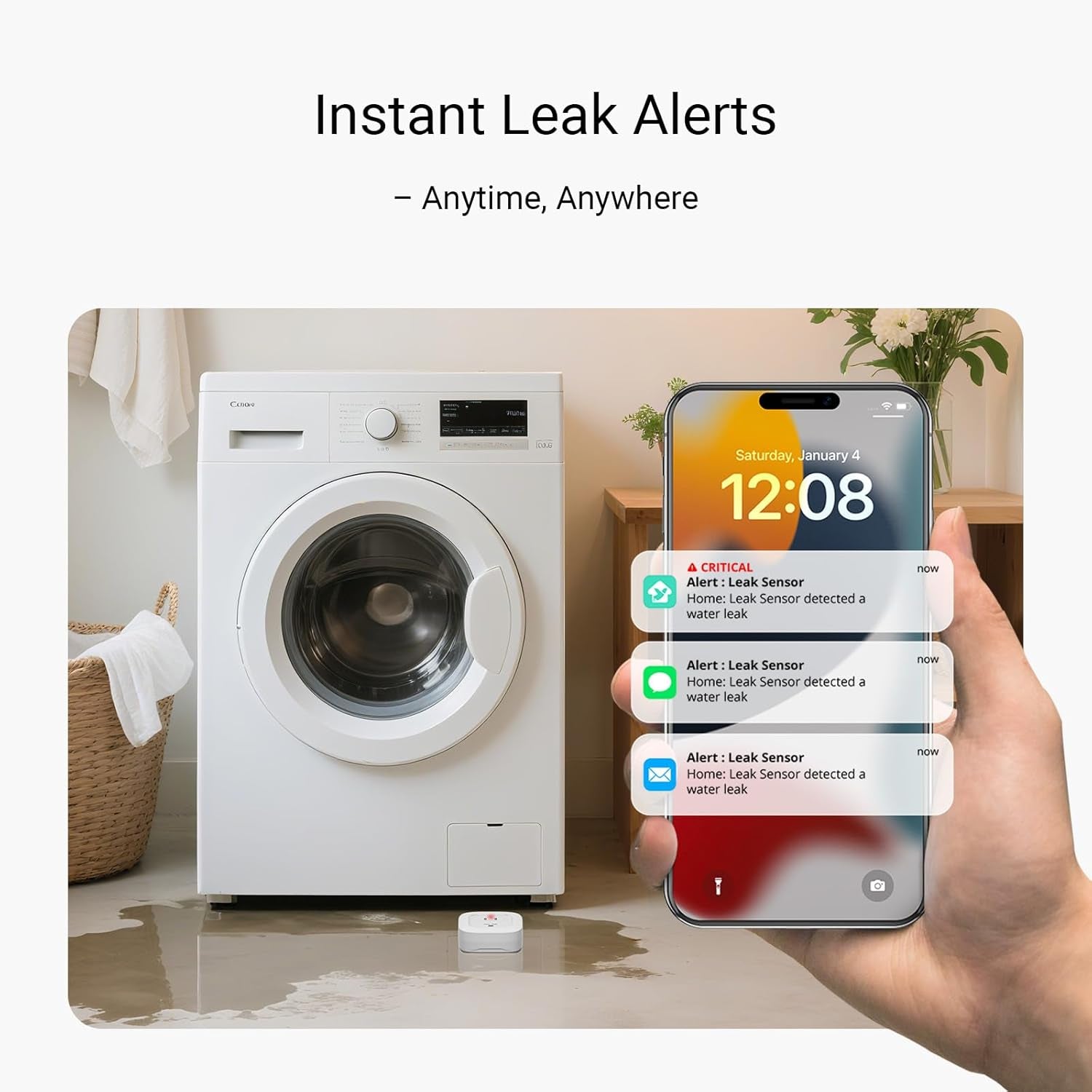 Water Leak Detection Starter Kit: Hub with 4 Leak Sensors, 105 dB Siren, Long-Range Lora Technology, App/SMS/Email Alerts, D2D Offline Capability, 2 AAA Batteries for Up to 5 Years, Compatible with Alexa, IFTTT, and Home Assistant