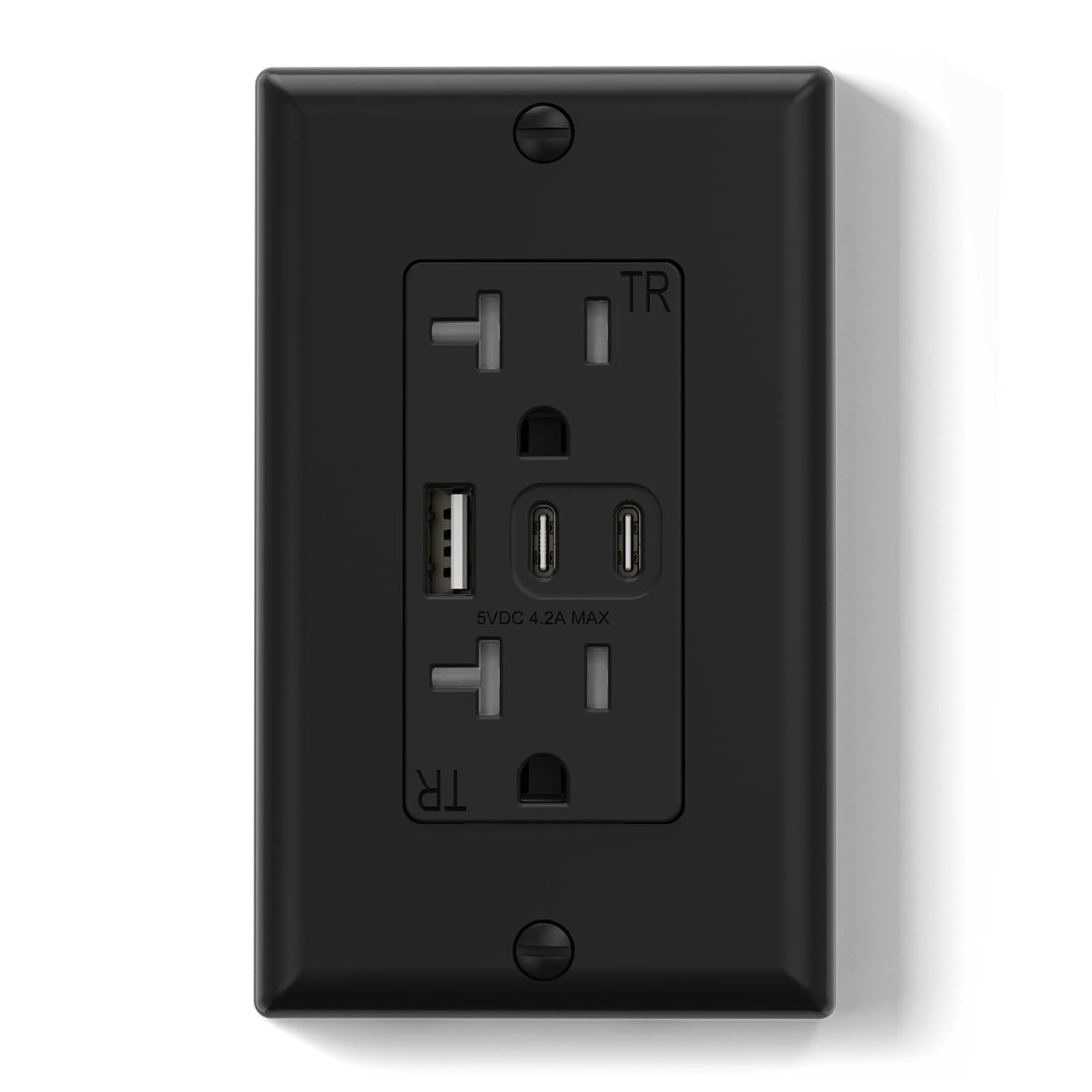 15 Amp Wall Outlet with 3 USB Ports, Dual USB-C Ports, Tamper-Resistant Design, Includes Wall Plate, UL/CUL Listed, Black, 1 Pack