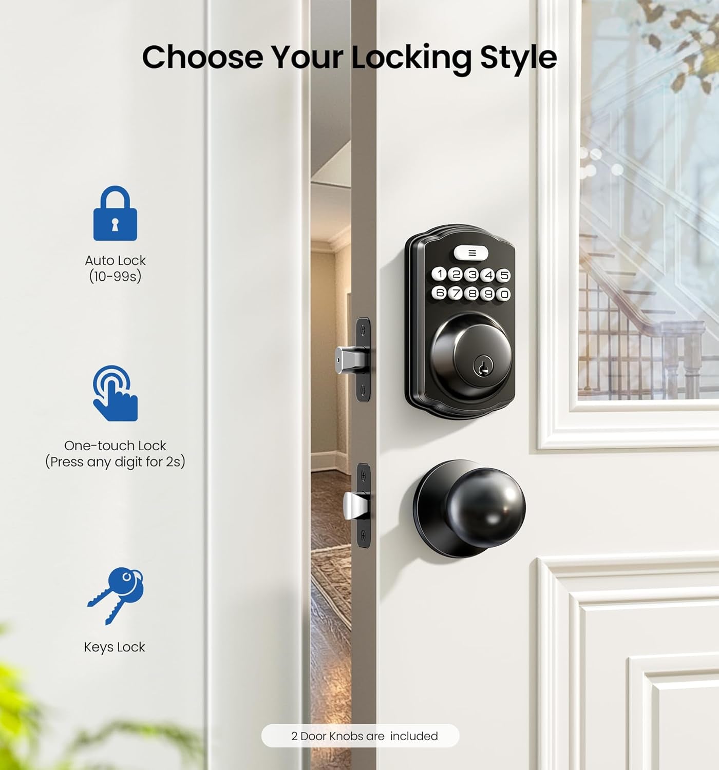 Smart Keyless Entry Door Lock Set - Electronic Backlit Keypad Deadbolt with 2 Knobs, Auto Lock, One-Time Codes & Easy Installation in Matte Black