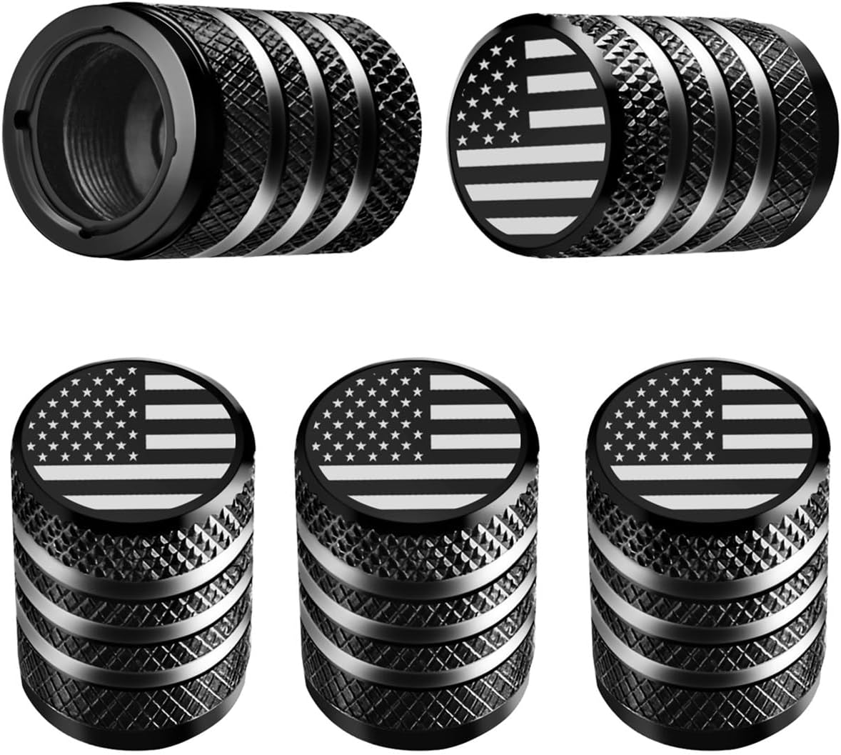 5-Pack American Flag Tire Valve Stem Caps - Metal with Plastic Liner, Corrosion Resistant & Leak-Proof for Cars, Trucks, Motorcycles, and Bikes - Black