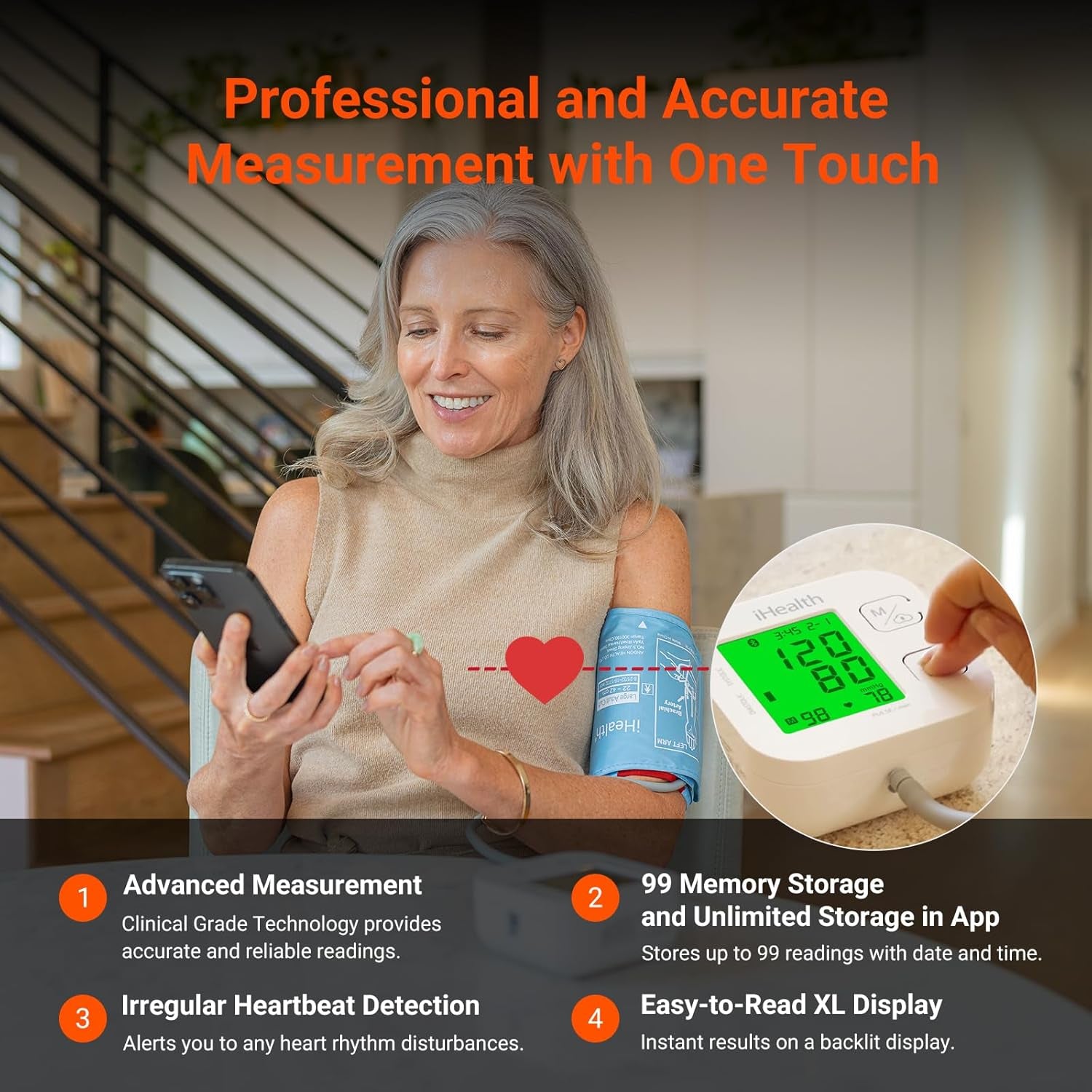 Smart Upper Arm Blood Pressure Monitor with Adjustable Cuff for Adult Sizes, Bluetooth Compatible with iOS and Android Devices