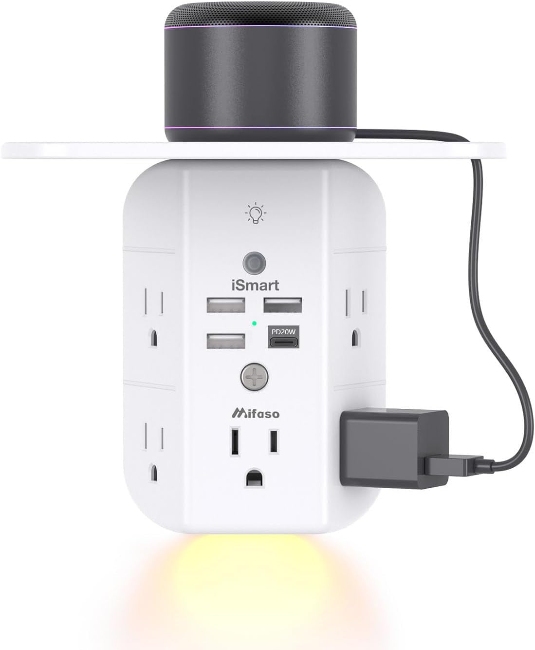 3-Sided Multi-Plug Power Strip with Shelf, Night Light, Surge Protection, and USB Wall Charger - 5 AC Outlets, 3 USB Ports, and 1 USB-C Port, White