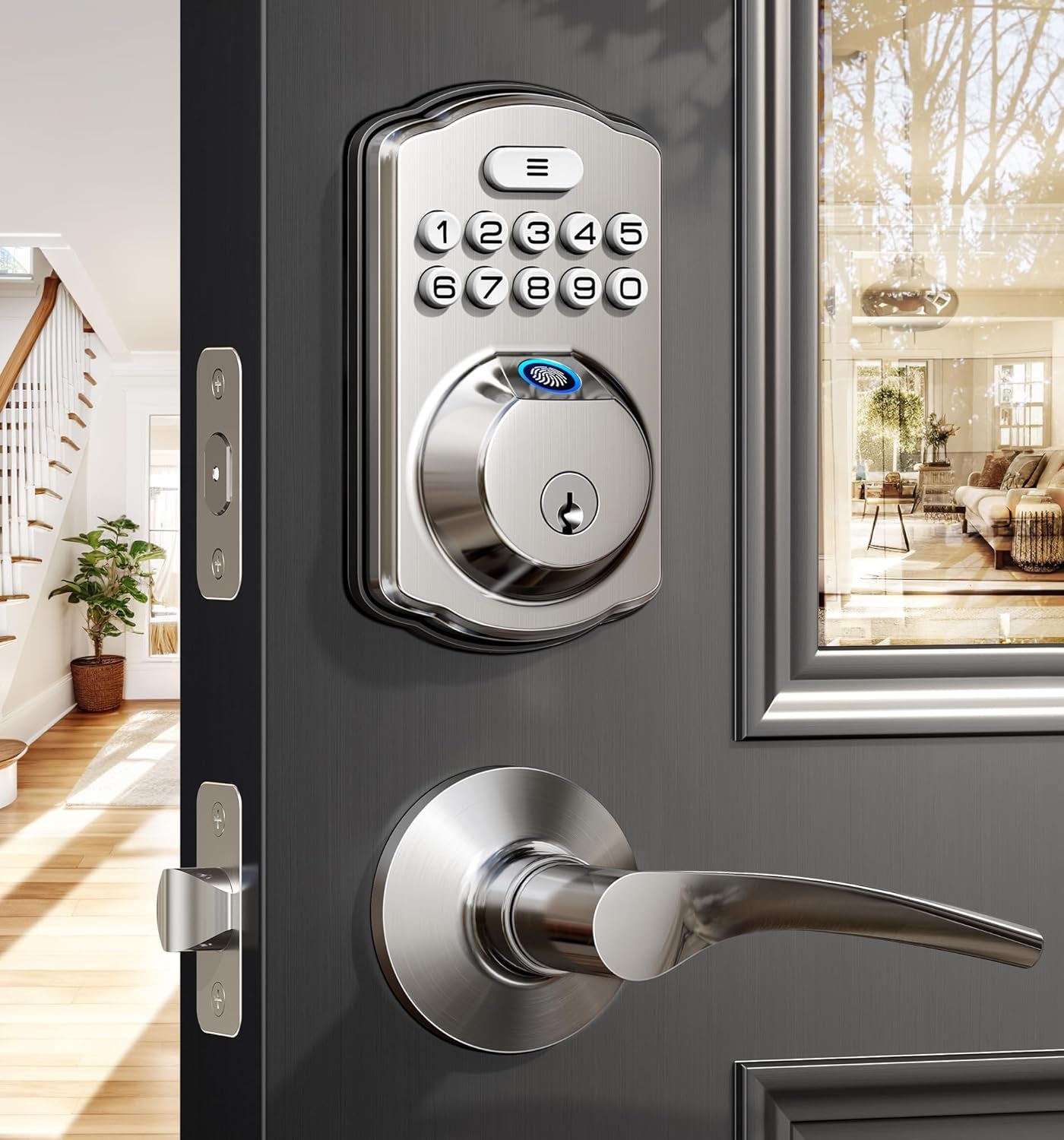 Keyless Fingerprint Door Lock Set - Smart Digital Deadbolt with 2 Lever Handles, Auto-Locking, Easy Install, Matte Black Finish