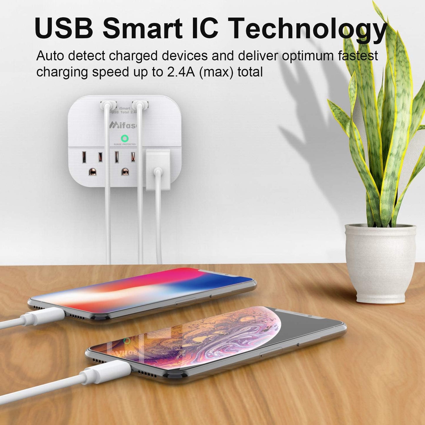 3-Outlet Surge Protector with Dual USB Wall Charger (Smart 2.4A) - Multi-Plug Outlet Extender for Home, Office, and Travel - 490 Joules, White