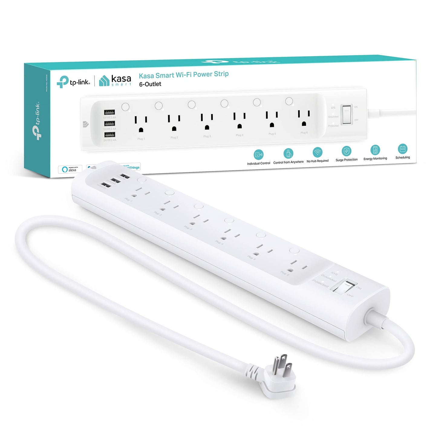 Plug Power Strip HS300 - Surge Protector with 6 Smart Outlets and 3 USB Ports, Compatible with Alexa and Google Home, No Hub Required, White