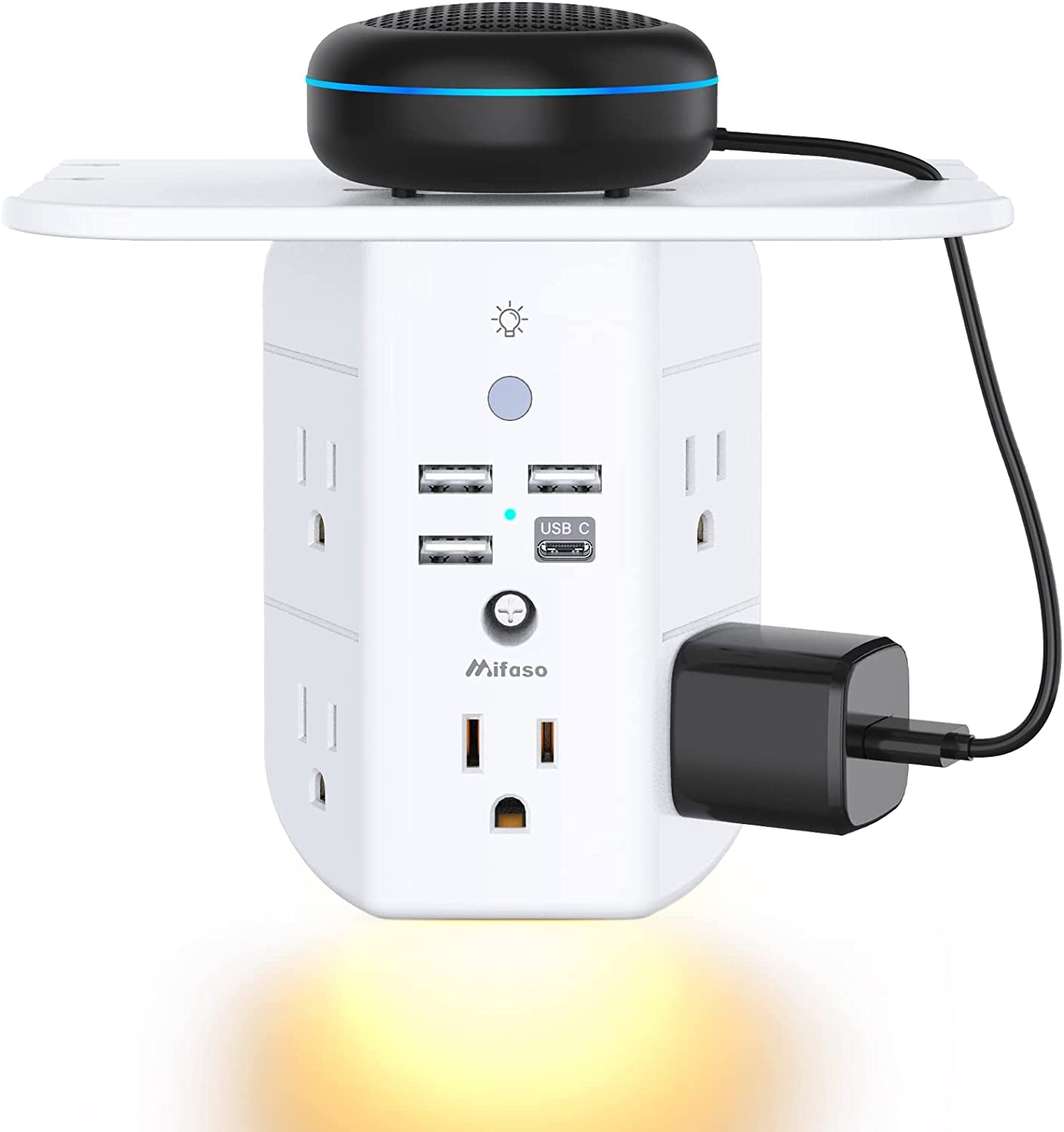 3-Sided Multi-Plug Power Strip with Shelf, Night Light, Surge Protection, and USB Wall Charger - 5 AC Outlets, 3 USB Ports, and 1 USB-C Port, White