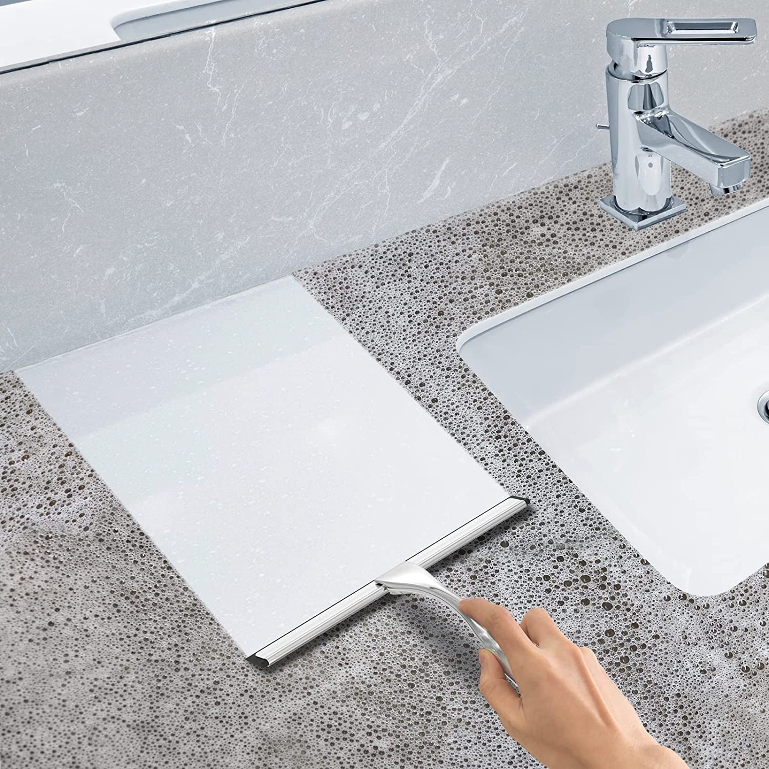 Premium Stainless Steel Shower Squeegee with Adhesive Hooks - 10 Inch Multi-Surface Cleaner for Glass Doors, Tiles, and Mirrors - Effortless Bathroom and Car Cleaning Tool