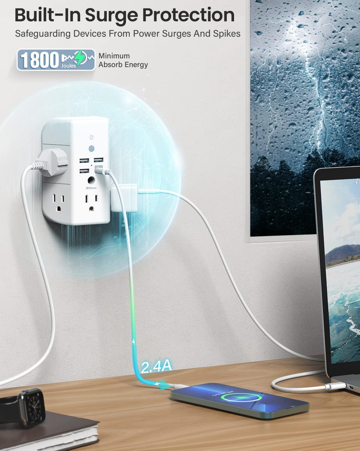 3-Sided Multi-Plug Power Strip with Shelf, Night Light, Surge Protection, and USB Wall Charger - 5 AC Outlets, 3 USB Ports, and 1 USB-C Port, White