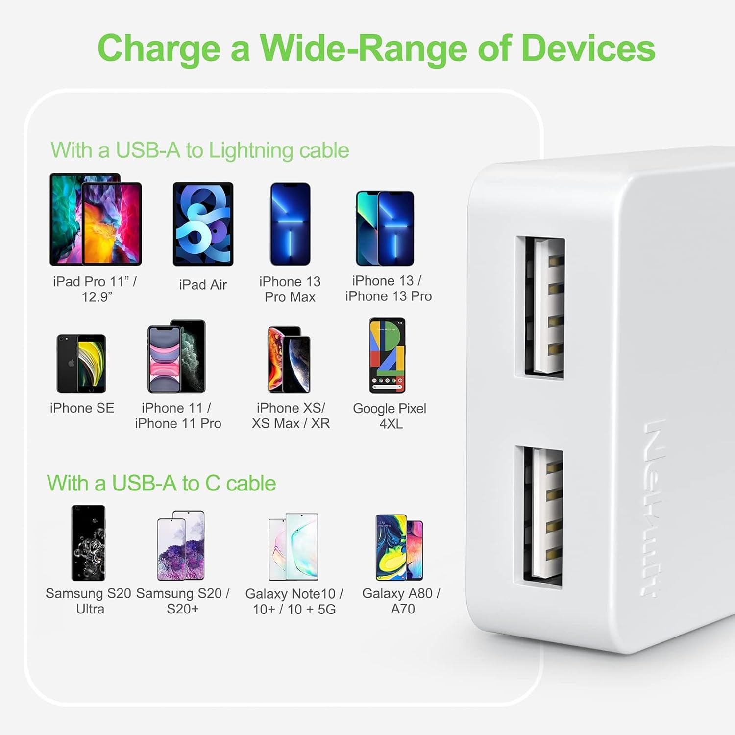 Dual Port Ultra-Slim Flat USB Wall Charger with Smart IC Technology, White