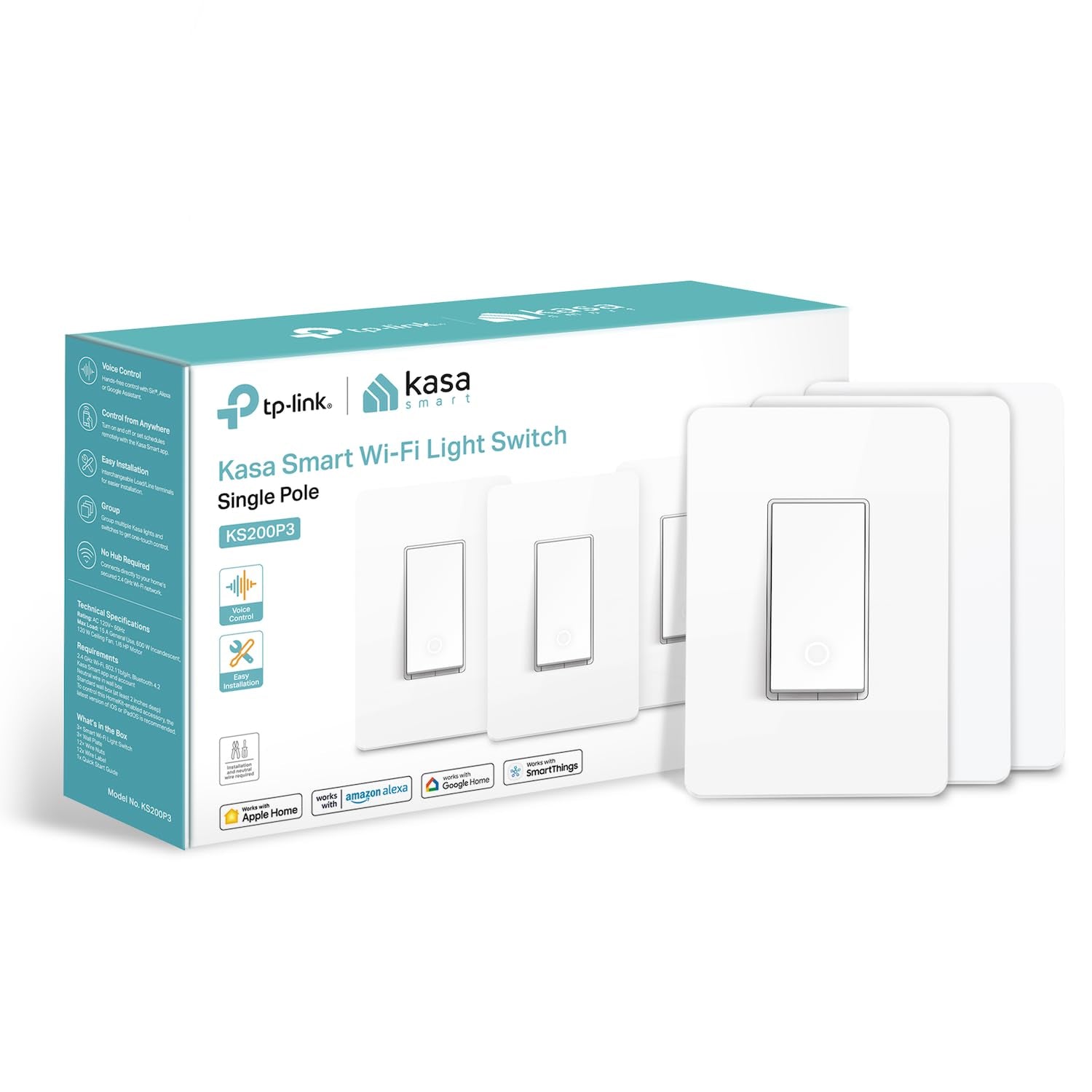 Kasa Smart Light Switch KS200P3 for Apple HomeKit, Single Pole with Neutral Wire, 2.4GHz Wi-Fi, Compatible with Siri, Alexa, and Google Home, UL Certified, Hub-Free, White, Pack of 3