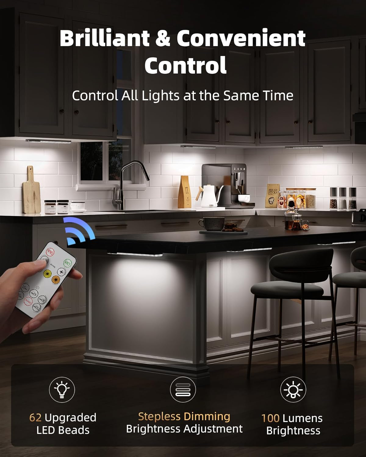 6-Pack Rechargeable Under Cabinet Lighting with Motion Sensor, Remote Control, Dimmable Features, and Integrated Charging Station for Kitchen, Closet, and Stair Use