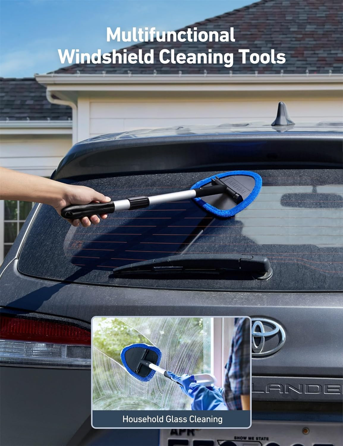 Ultimate Windshield Cleaner Tool - Car Interior Detailing Kit with Extendable Handle & 4 Reusable Microfiber Pads, Perfect for Auto Glass Wiping - 15.9In-21In, Blue