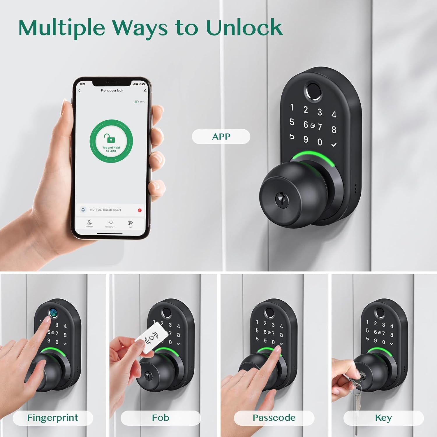 Smart Keypad Door Lock with Fingerprint Access & Remote Passcode Generation - Easy Installation Knob Lock for Front Doors