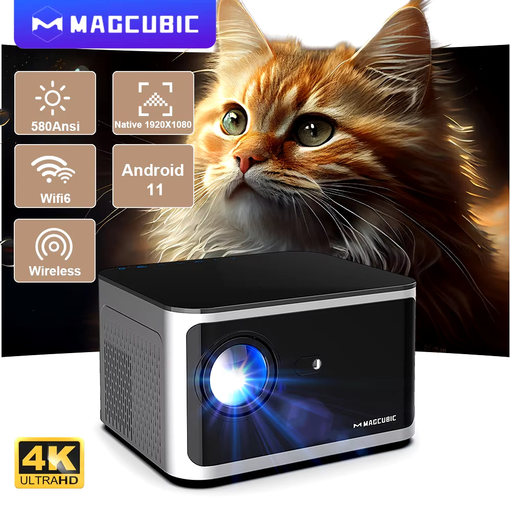 Android 11 4K Smart Projector with 580 ANSI Lumens, 1920x1080P Full HD, Wi-Fi 6, Bluetooth 5.0, Allwinner H713, Voice Control for Home Cinema Theater
