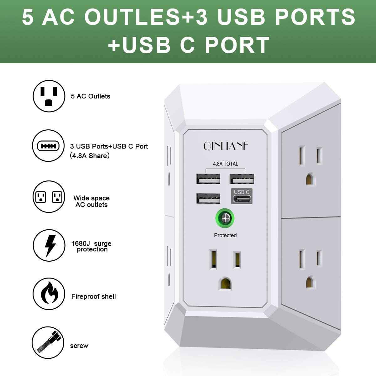 5-Outlet Wall Charger and Surge Protector with 4 USB Charging Ports (4.8A Total) - 3-Sided Power Strip Multi-Plug Adapter for Home, Travel, and Office (Model 3U1C)
