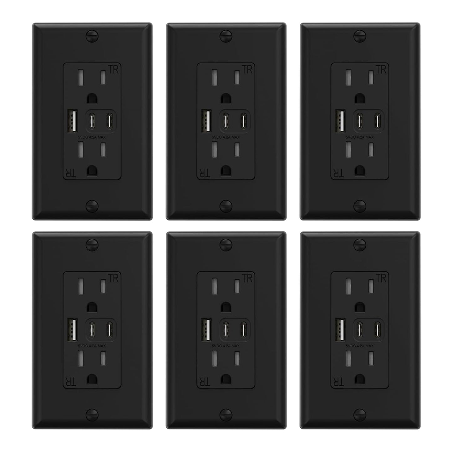 15 Amp Wall Outlet with 3 USB Ports, Dual USB-C Ports, Tamper-Resistant Design, Includes Wall Plate, UL/CUL Listed, Black, 1 Pack