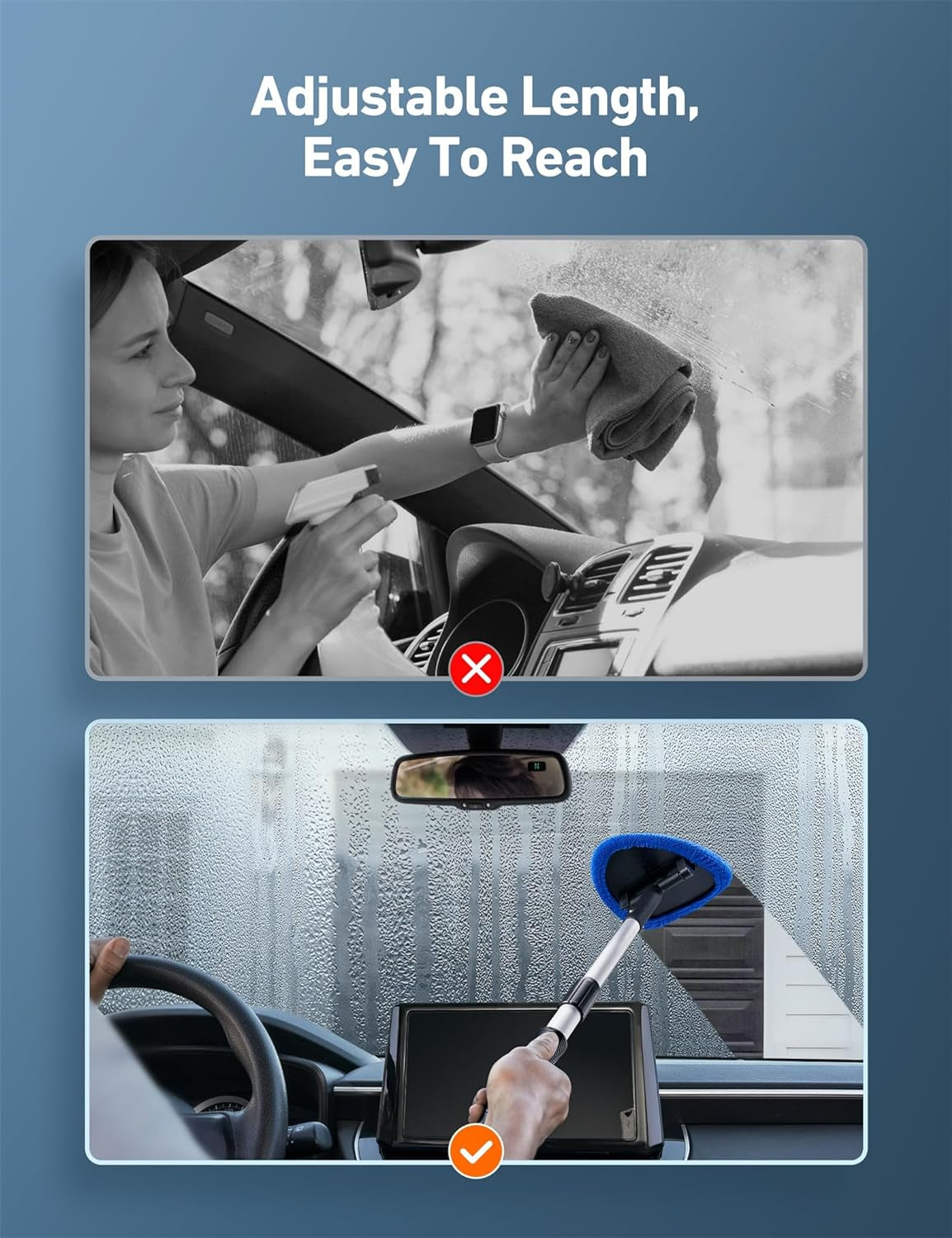 Ultimate Windshield Cleaner Tool - Car Interior Detailing Kit with Extendable Handle & 4 Reusable Microfiber Pads, Perfect for Auto Glass Wiping - 15.9In-21In, Blue