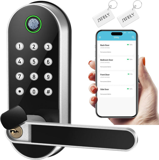 Smart Fingerprint Keyless Entry Lock with Keypad & Handle - Biometric Electronic Deadbolt for Front, Interior, and Bedroom Doors (Silver)