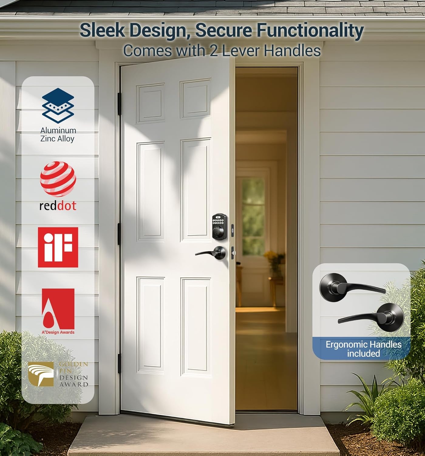 Keyless Fingerprint Door Lock Set - Smart Digital Deadbolt with 2 Lever Handles, Auto-Locking, Easy Install, Matte Black Finish