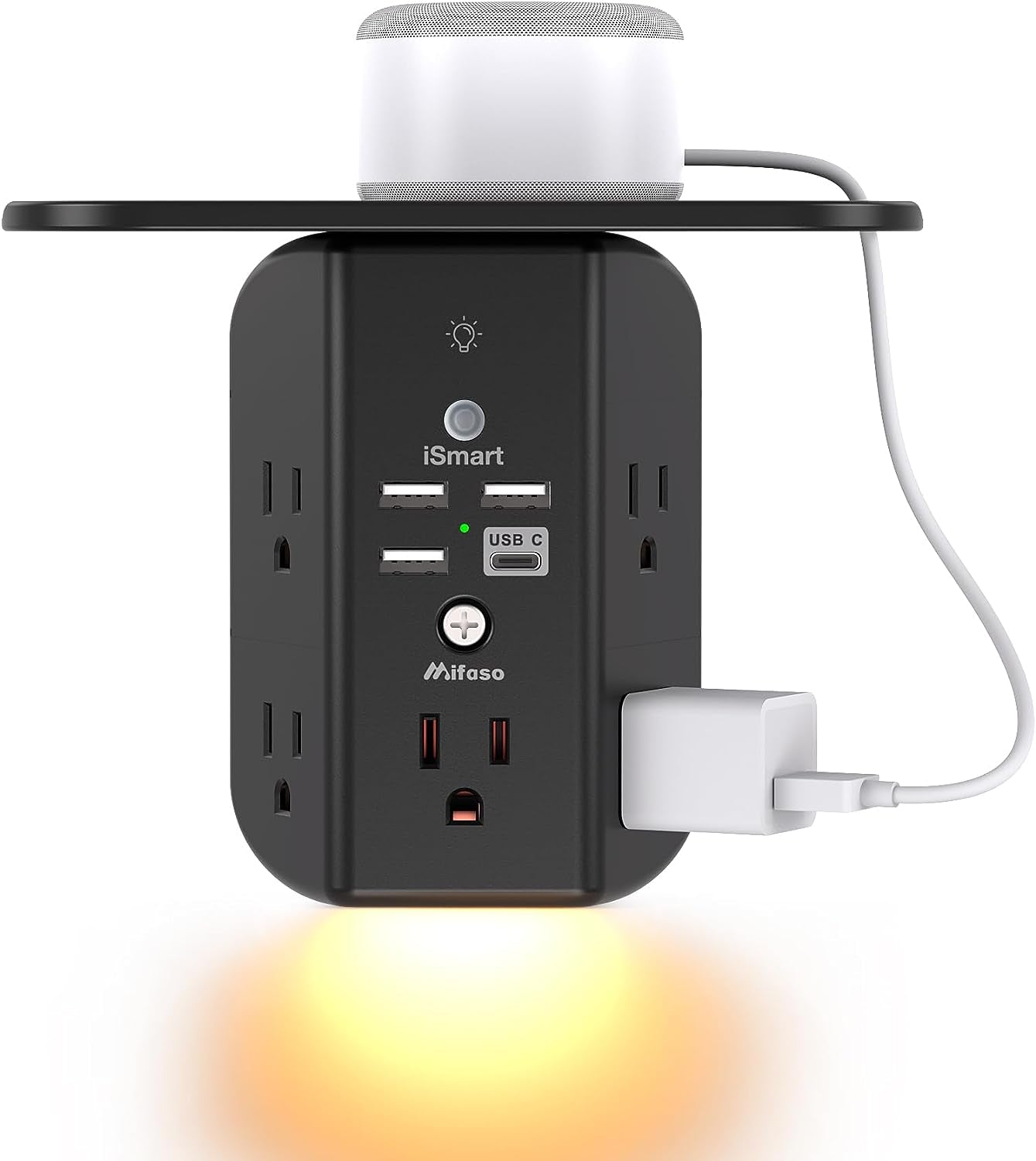 3-Sided Multi-Plug Power Strip with Shelf, Night Light, Surge Protection, and USB Wall Charger - 5 AC Outlets, 3 USB Ports, and 1 USB-C Port, White